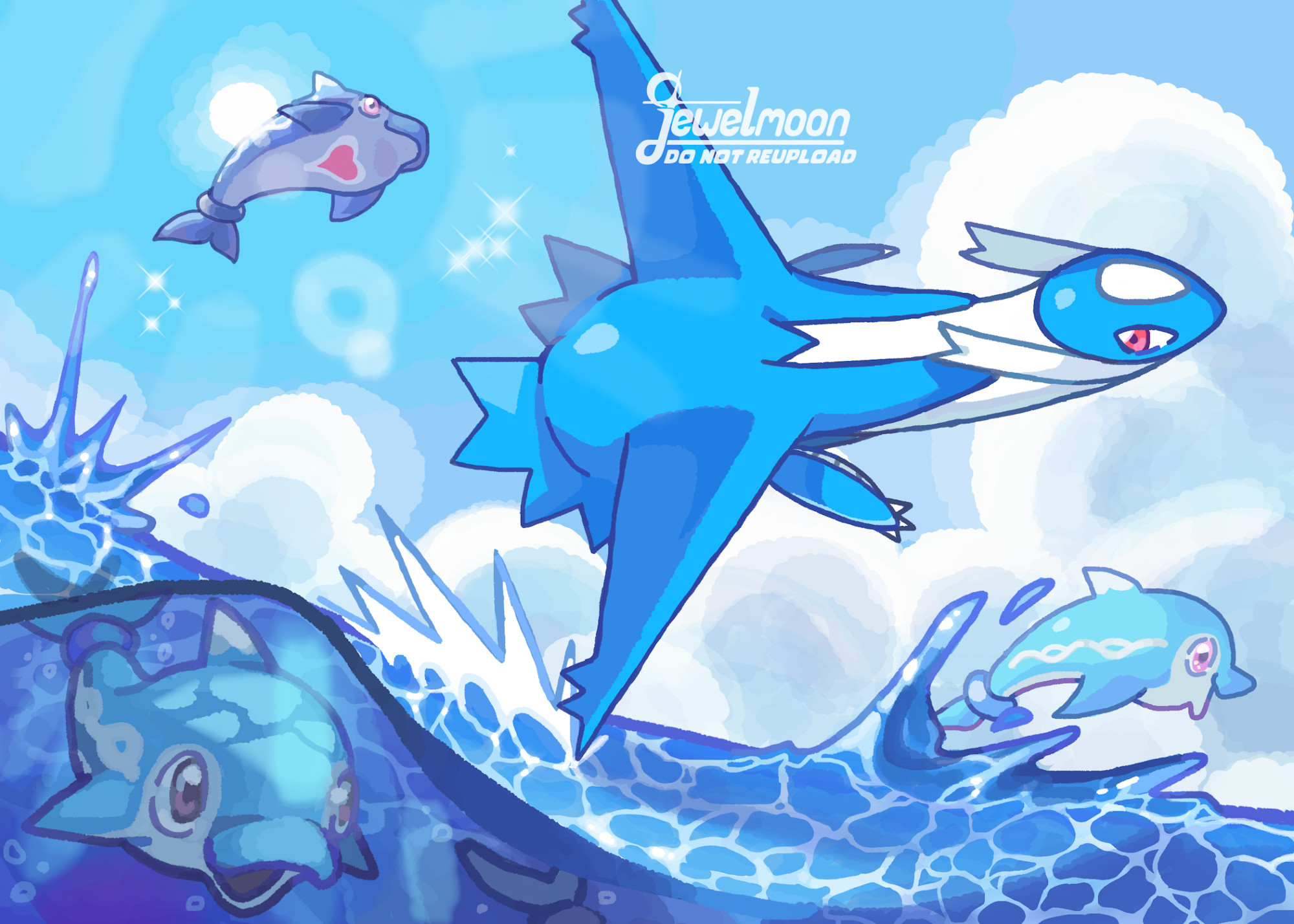 The art depicts a scene of the Pokemon Latios flying over the ocean during a clear day and the environment is filled with light blues and white. The Latios is speeding across, tilting over with the tip of his wing touching the water. Several Finizen are swimming and jumping out the water alongside the Latios. In the background a Palafin Zero Form obscures some sunlight with their high jump from the water.