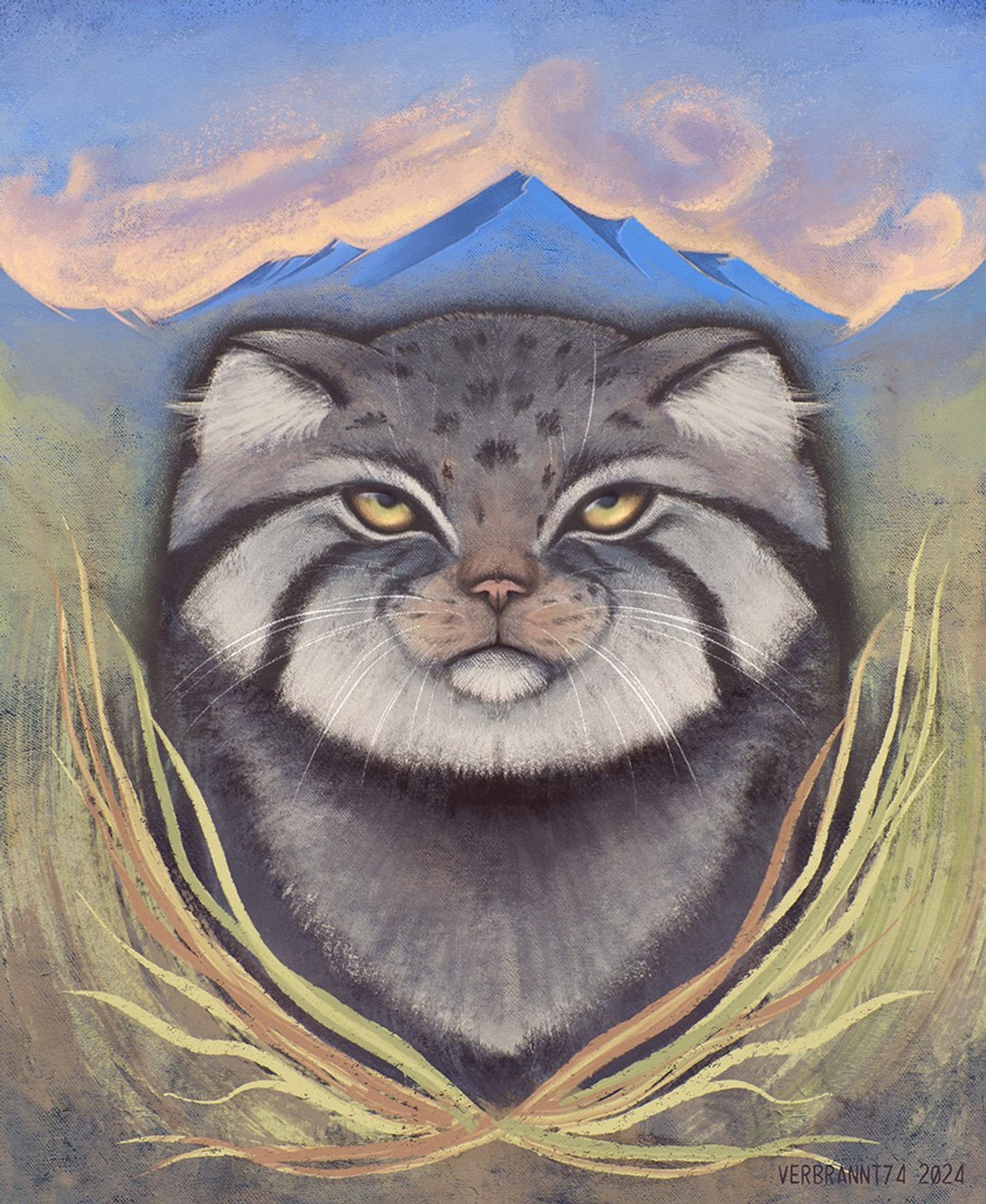 A drawing; pallas's cat aka manul sitting in grass, portrait