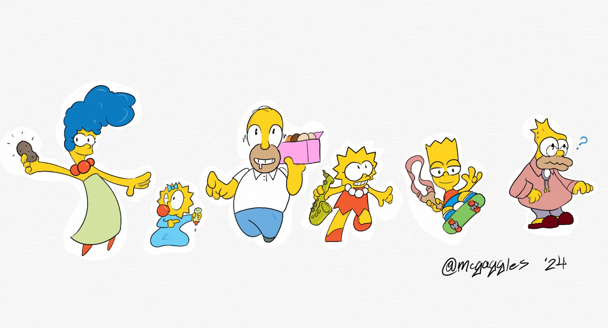 Marge, Maggie, Homer, Lisa, Bart and Abe in a smaller, condensed, cutsey style