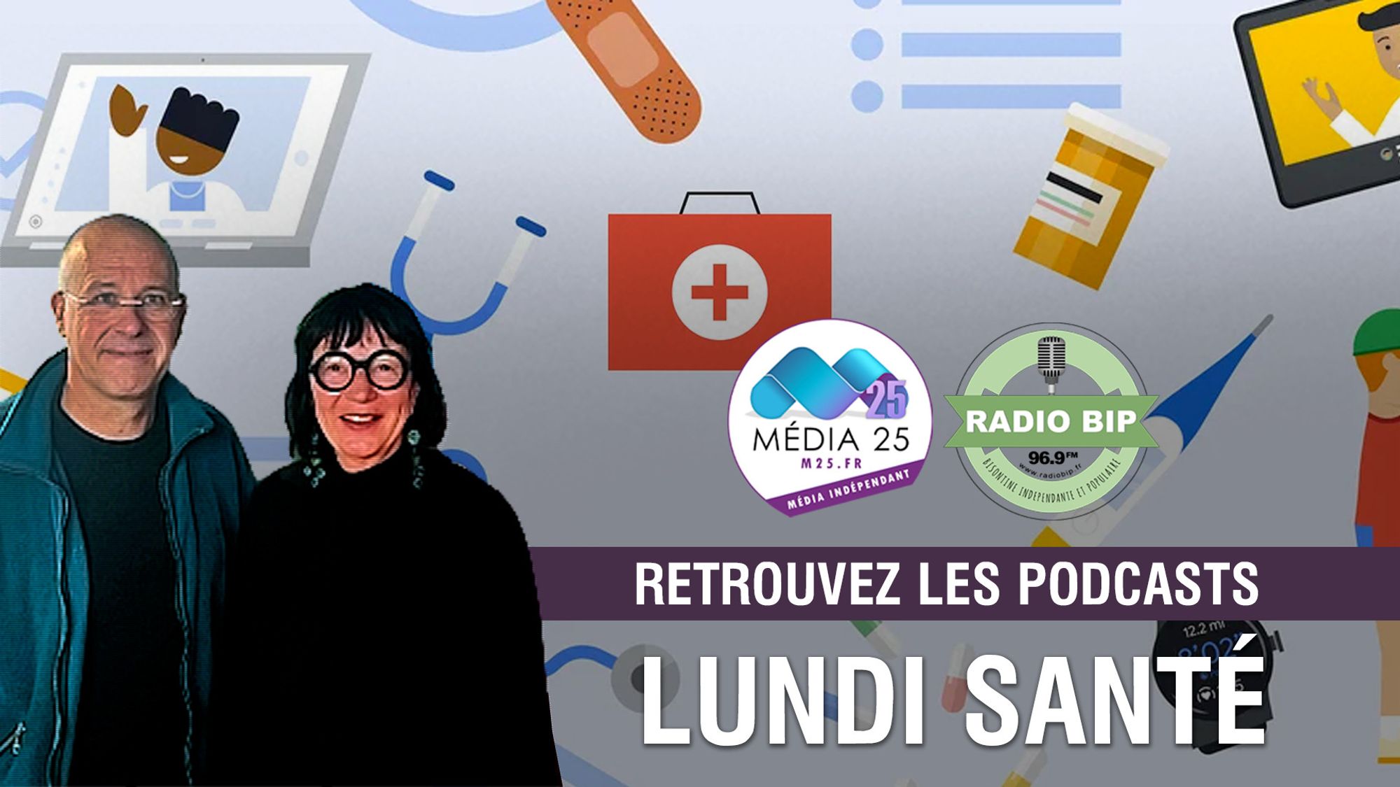 Image ou l'on voit les deux animateurs. A coté le texte "Retrouvez les podcasts Lundi Santé"