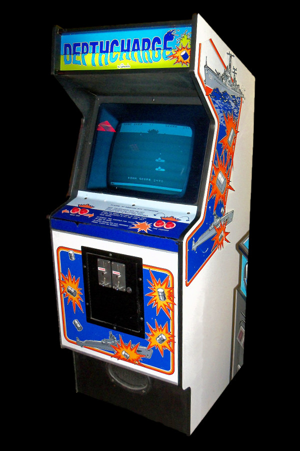 A picture of early arcade game Depthcharge in its cabinet, replete with images of blazing depth charge barrels.