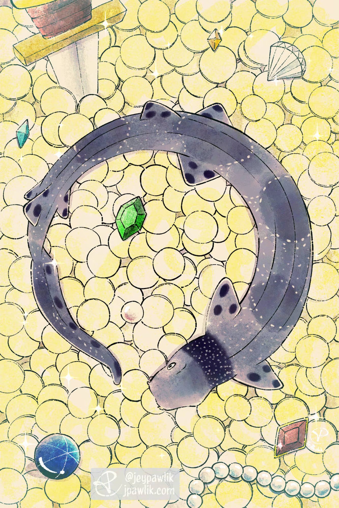 Illustration of a necklace carpet shark seen from above, it's curled up in a circle sitting over a hoard of treasure like gems, coins, pearls, and a sword.