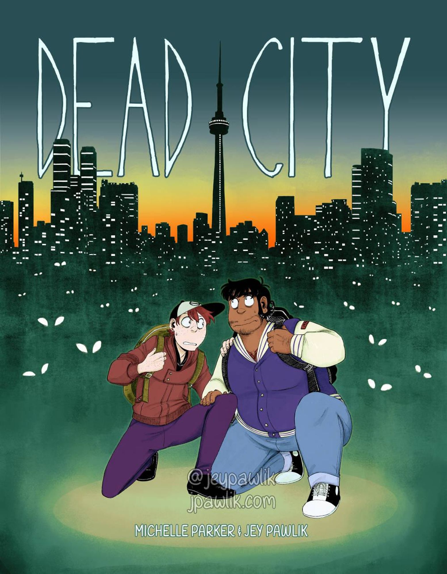 The book cover "Dead City", drawn with choppy black line art and coloured with greens, blacks and yellows, showing Mikael and JP kneeling next to one another holding their own backpack straps with a dark Toronto skyline behind them as the sun sets. The bottom reads "Michelle Parker and Jey Pawlik"