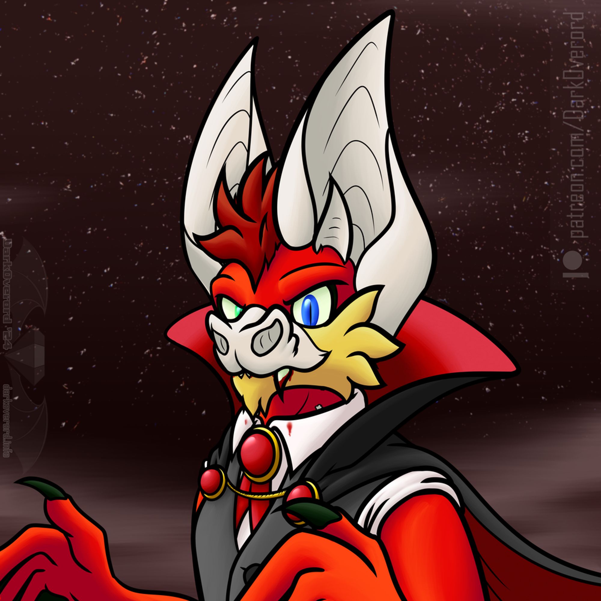 A red anthropomorphic vampire bat, looking smugly at the viewer, a little blood on its fangs as well. It is dressed up rather fancy with a big cape on with large collar.