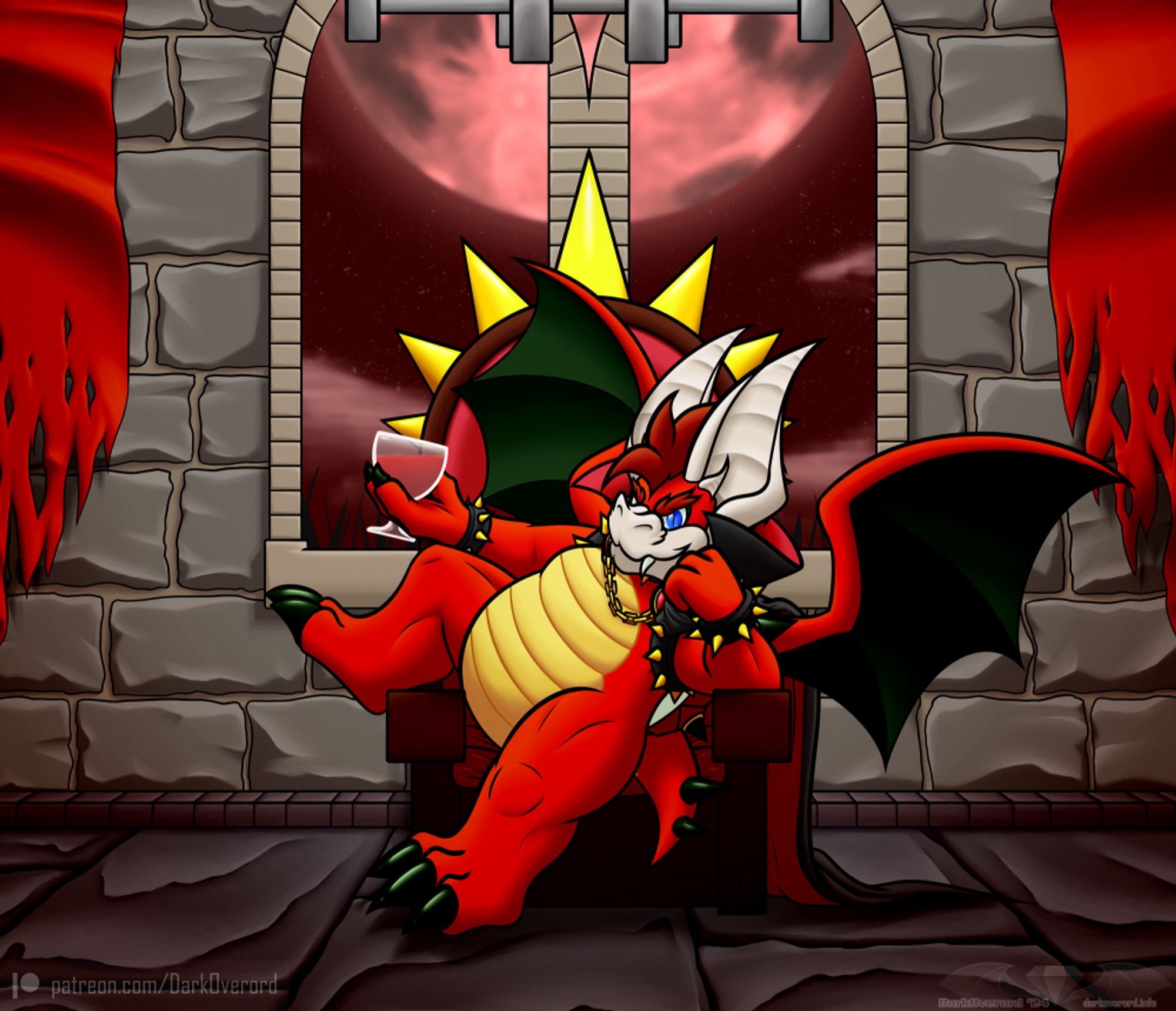 A red koopa (like Bowser) sits in a large chair sideways, one leg thrown over the arm rest. It has large wings and instead of horns there's a pair of large pallid ears, and its snout is slightly vampire bat like. In addition to this it has two very long fangs. It has a cape on with a large collar that is partly obscuring its head and is visible sticking out from its right side, while the rest of the cape drapes down over the side of the chair and along the floor.  Its left arm rests on an armrest while it leans its cheek. In its right arm, a little outstretched, is a wine glass with a mysterious red liquid in, more than likely not wine.