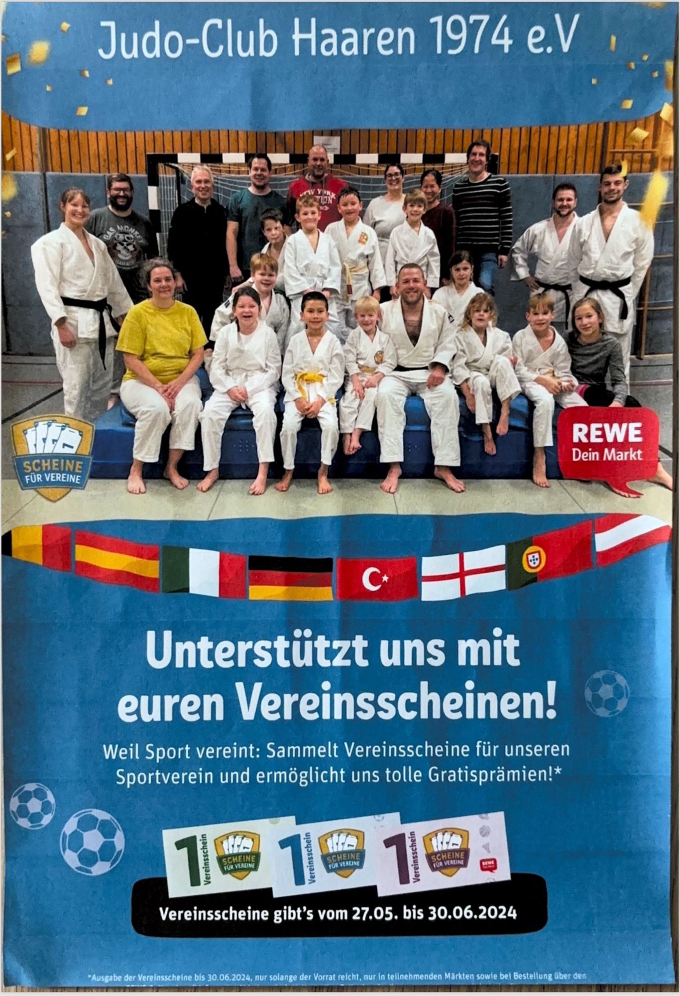 Poster. Darauf ist unser Verein, der Judo-Club Haaren 1974 zu sehen und das Rewe Werbelogo