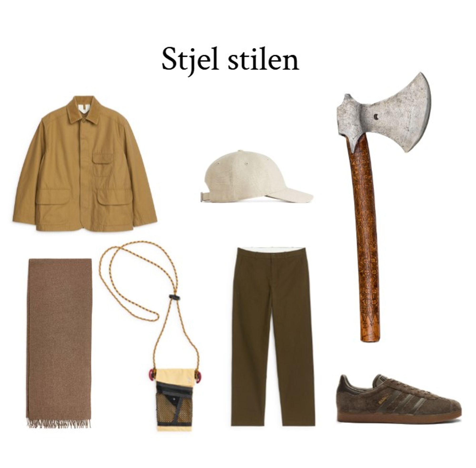 En kollage med bilder under overskriften stjel stilen. En bondeøks er avbildet til høyre. Stilen er satt sammen av brun jakke, brunt skjerf, brun bukse, brune adidas sko og lys caps.