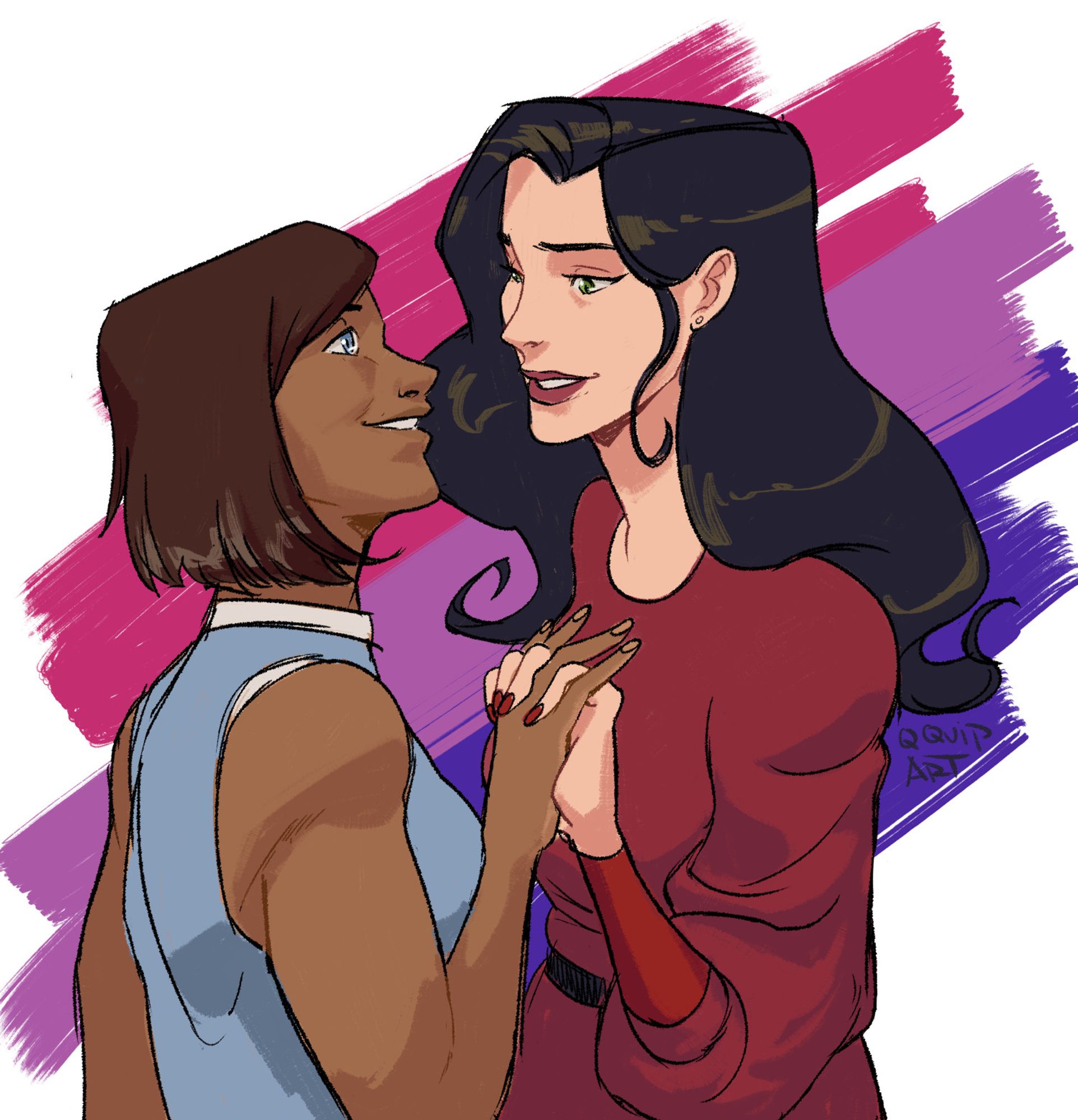 Korra and asami from the legend of korra holding hands, staring into each others eyes