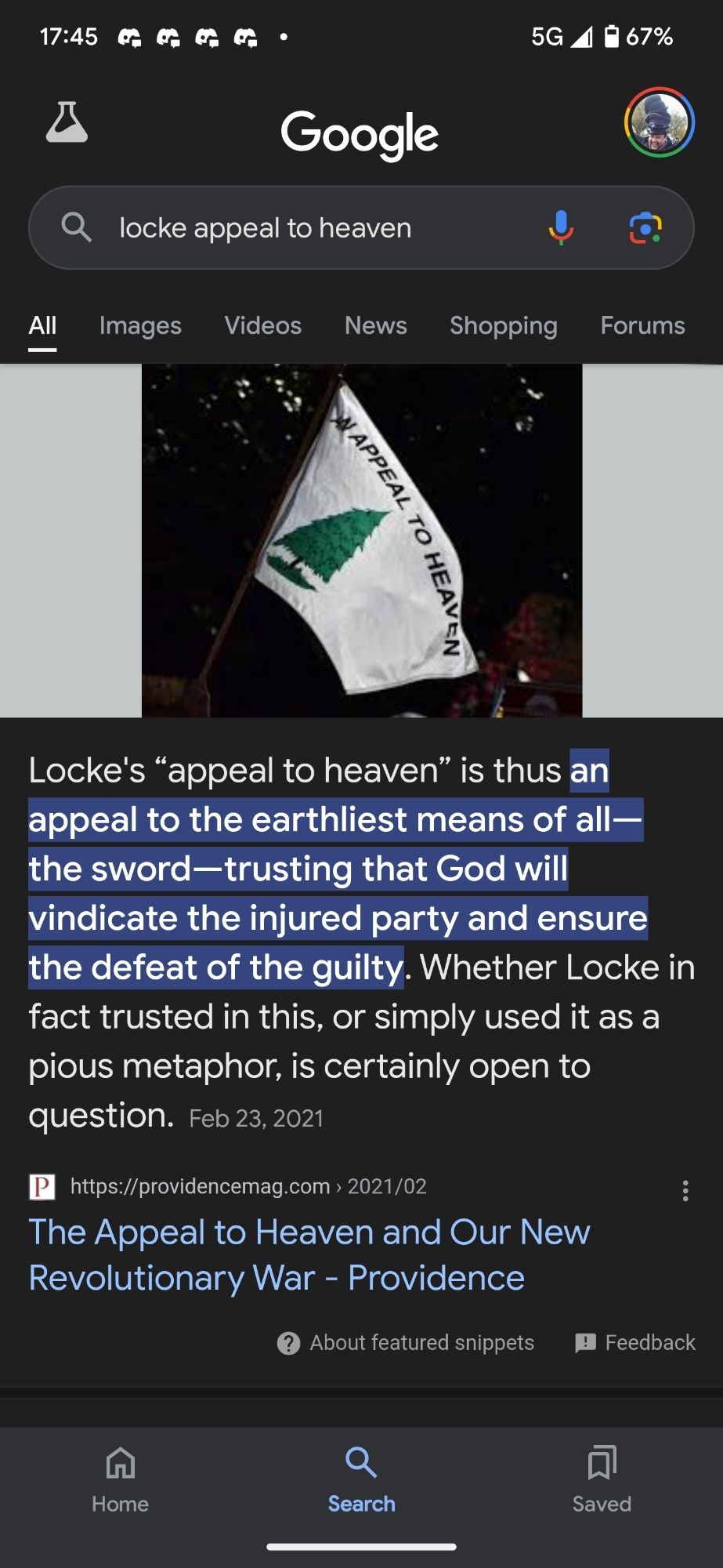 Locke's "appeal to heaven" is thus an appeal to the earthliest means of all --the sword-- trusting that God will vindicate the injured party and ensure defeat of the guilty.