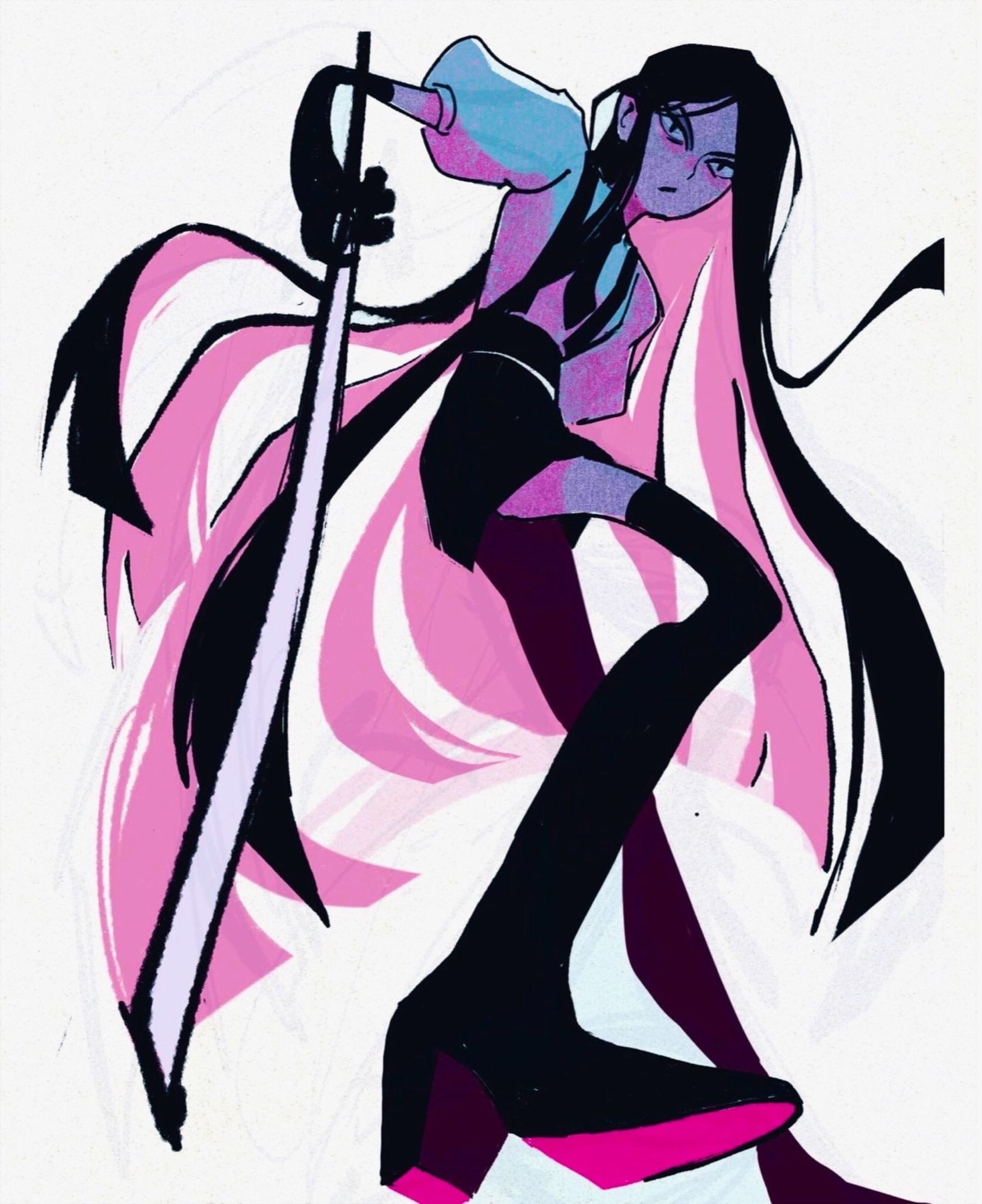 drawing with blue and pink tones of bortz with his sword pointed threateningly at camera