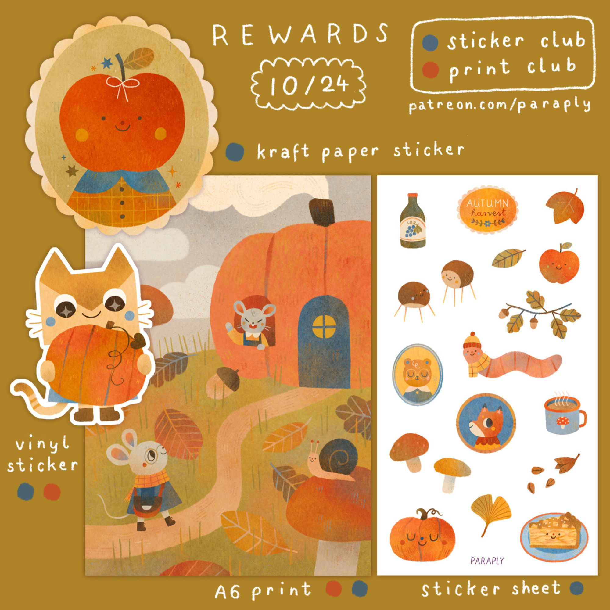 picture of my patreon rewards for this month: a kraft paper sticker of a portrait of an apple person, a vinyl sticker of Lelo holding a big pumpkin, an A6 print of a mouse visiting their mouse friend in their pumpkin house and a sticker sheet with various autumnal illustrations