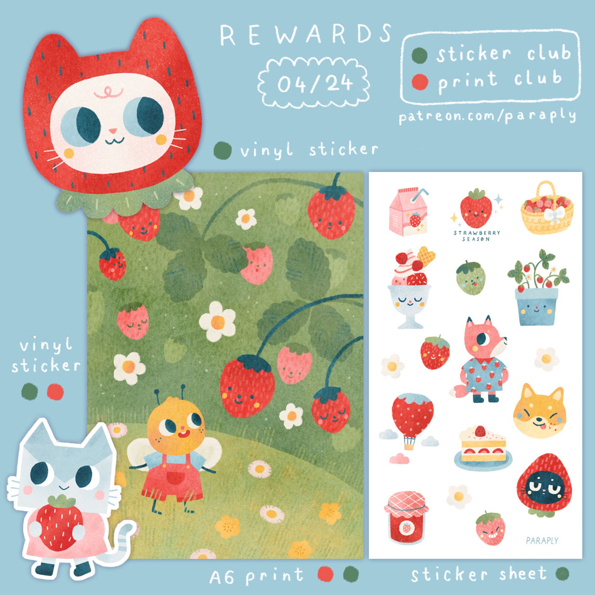 Picture of April's patreon rewards: a sticker of a cat face in a cat-shaped strawberry, a sticker of Lelo carrying a big strawberry, a A6 print with a bee making friends with smiling strawberries, and a sticker sheet with various strawberry-themed stickers