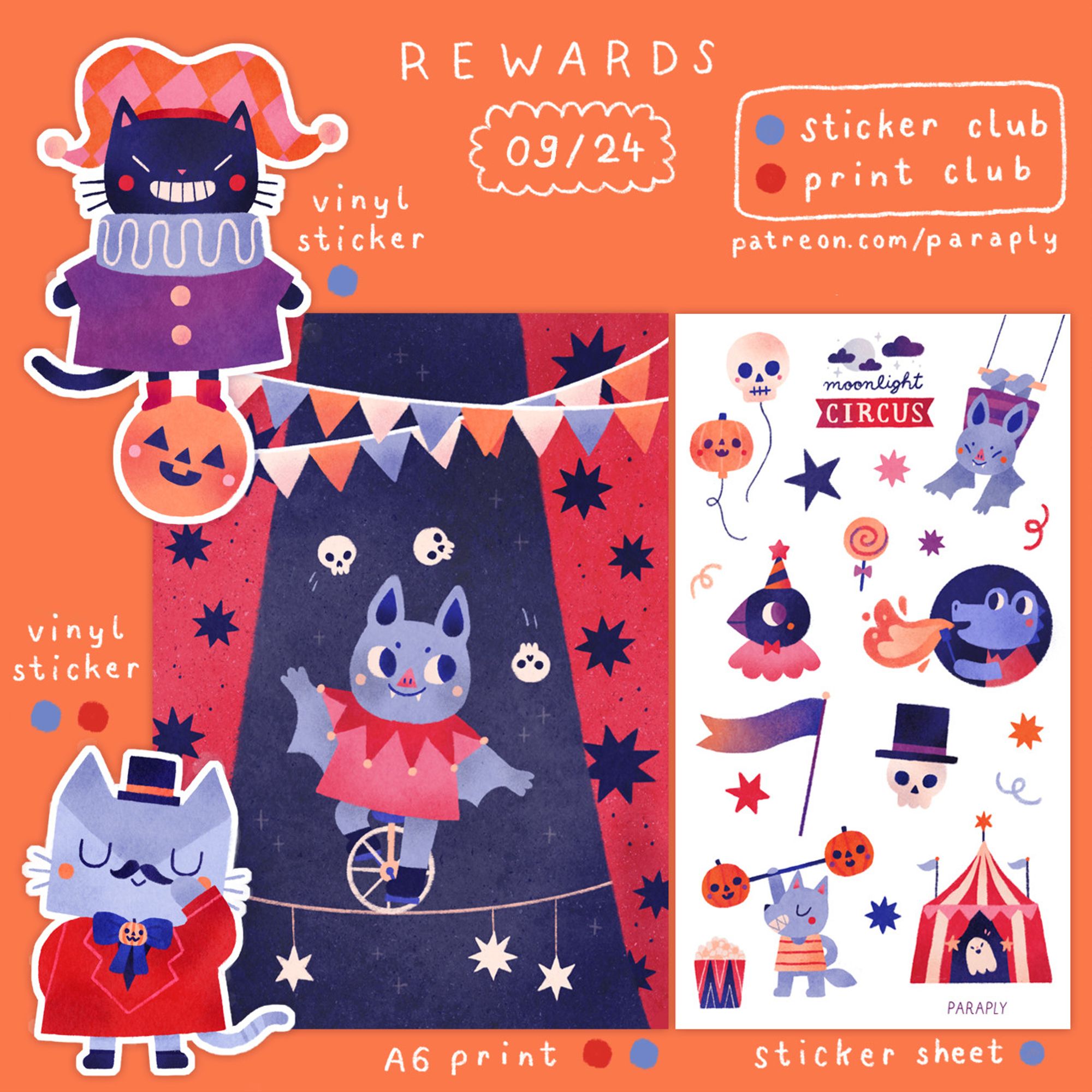 Overview over this month's patreon rewards: an A6 print of a bat on a unicycle juggling skulls, a sticker of a grinning black cat dressed as a clown standing on a ball resembling a Jack O'Lantern, a sticker of Lelo dressed as a circus director and a sticker sheet with various spooky circus motives