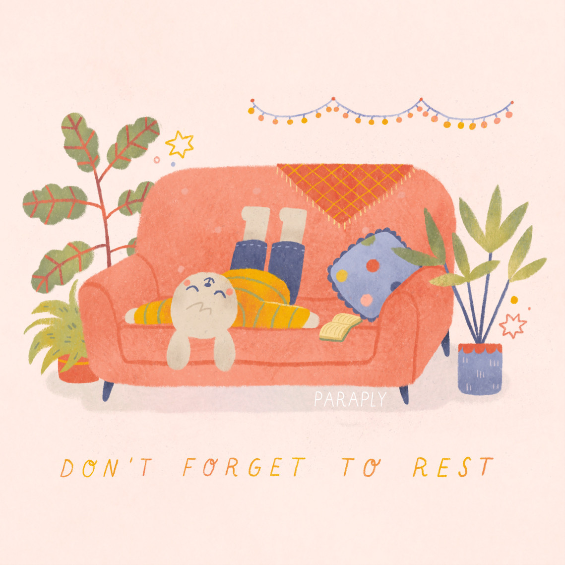 illustration of a dog lying feet up on a red sofa, eyes closed and smiling, surrounded by house plants, with the caption "don't forget to rest" underneath