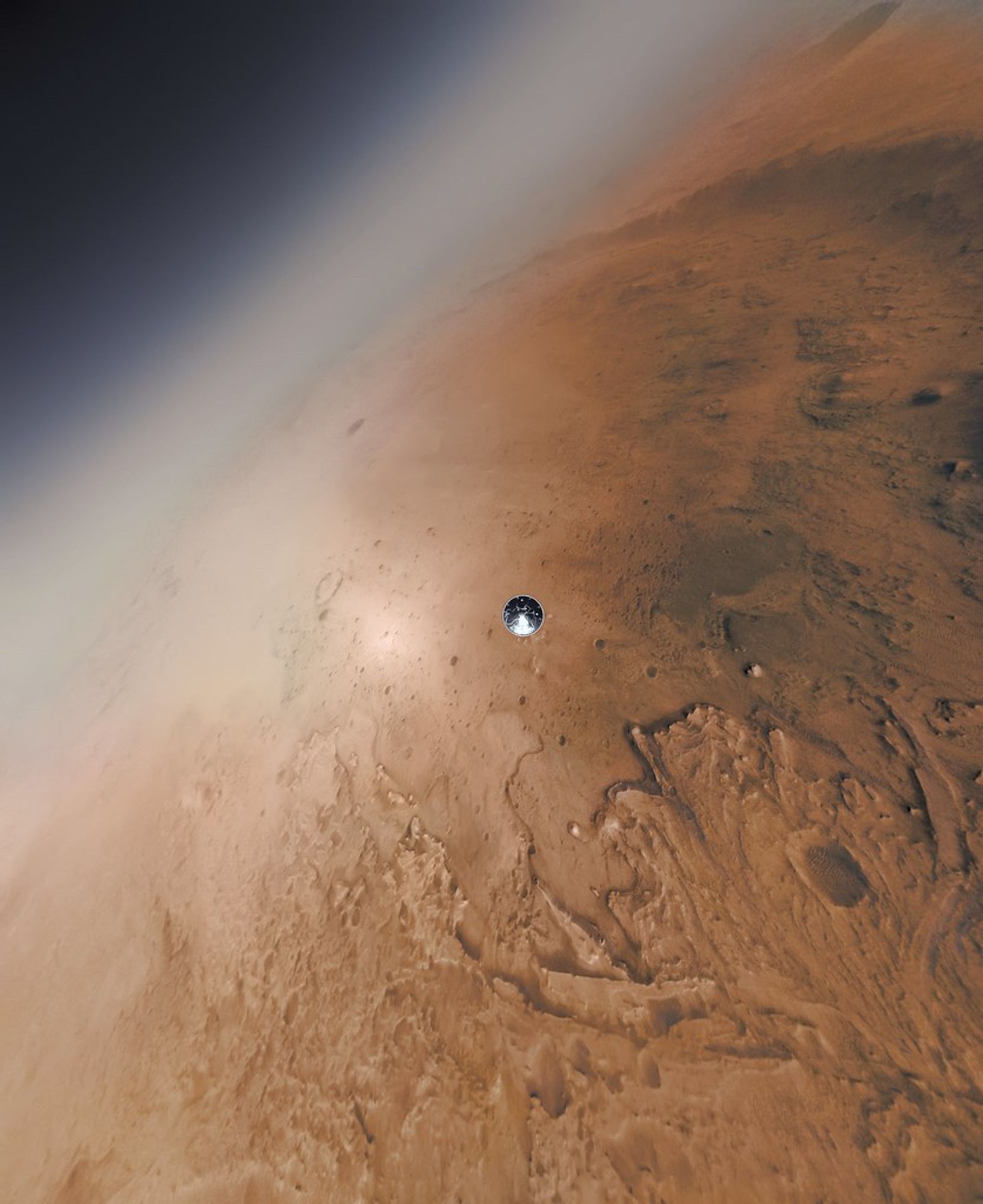 In this image we can see the landing of Nasa Perseverance from the perspective of the rover. The heat shield was already released and it's visible at the centre of the image. In the background the rim of the Jezero Crater and its delta (including the recent visited Belva Crater). Colours are from the dark of the more external atmosphere layers to the rusty red of the red planet surface.