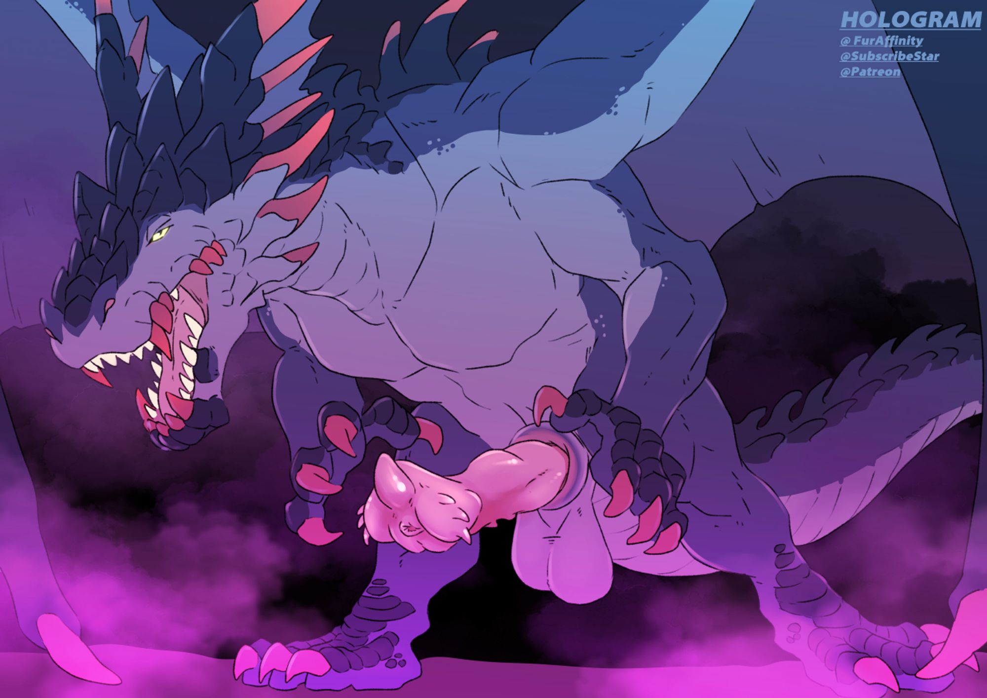 Erotic digital illustration of a male feral dragon