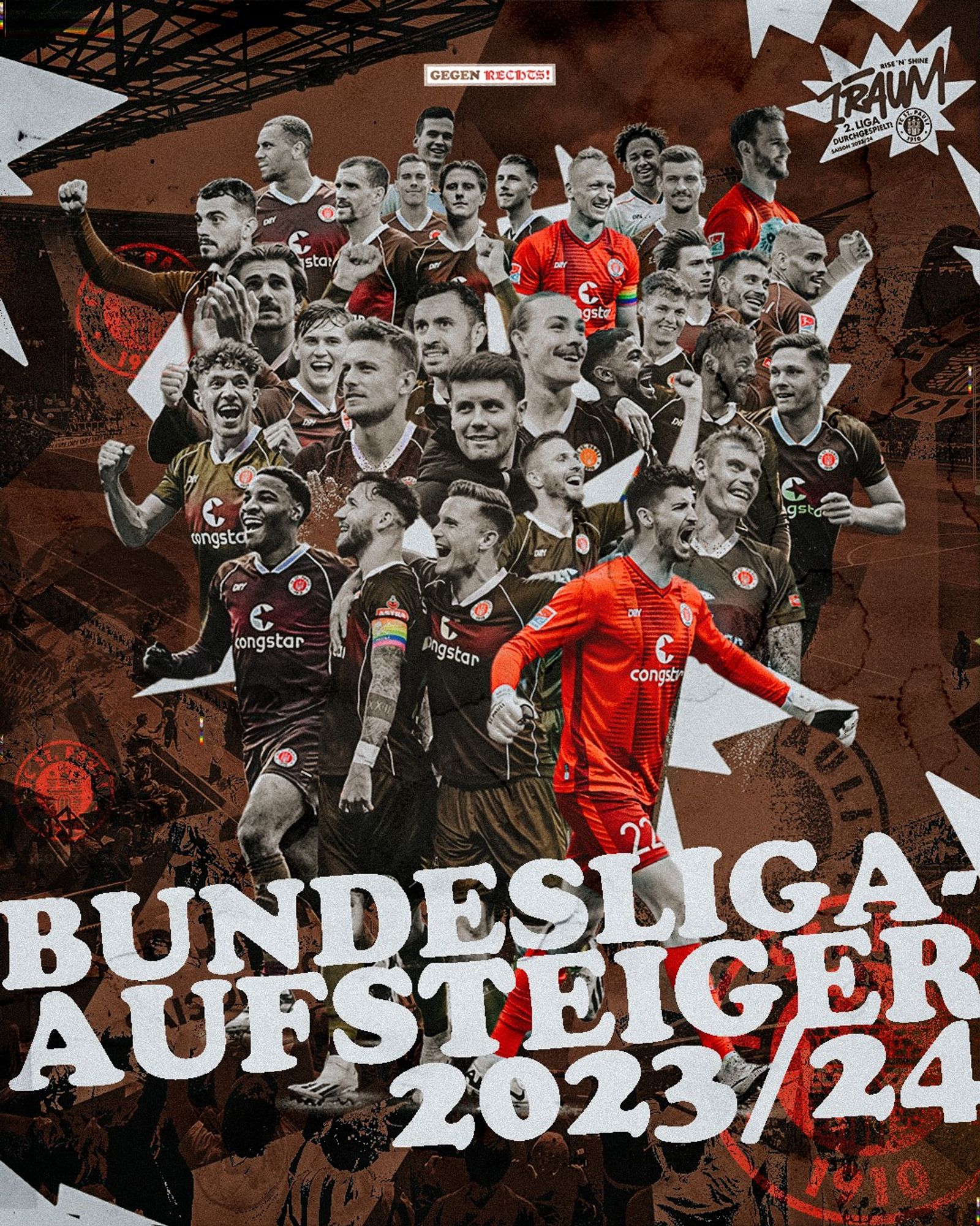 Grafik mit Spielern und dem Trainer des FC St. Pauli. Das Wording ist "Bundesliga-Aufsteiger 2023/24".