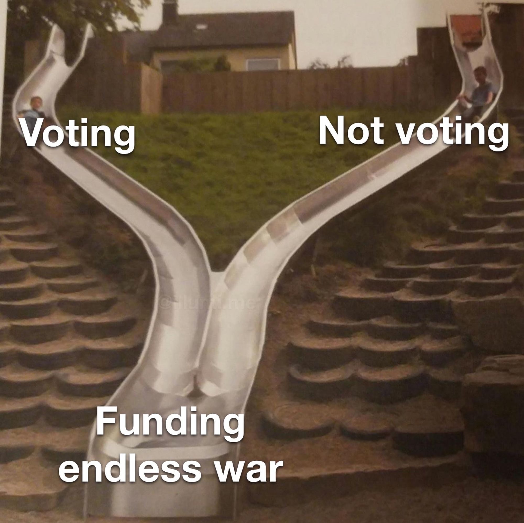 A slide with two entrances (labeled voting and not voting) and one exit (labeled funding endless war)