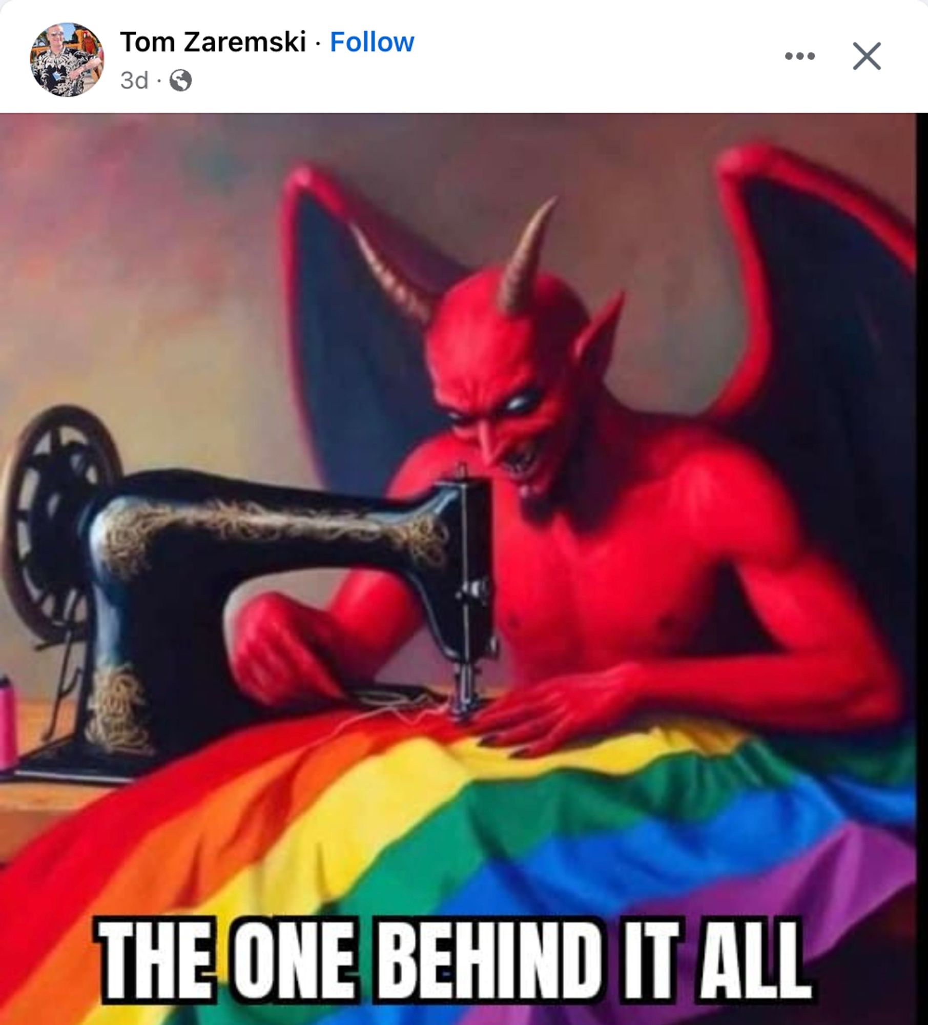 a facebook post showing the devil sewing a rainbow flag that says the one behind it all