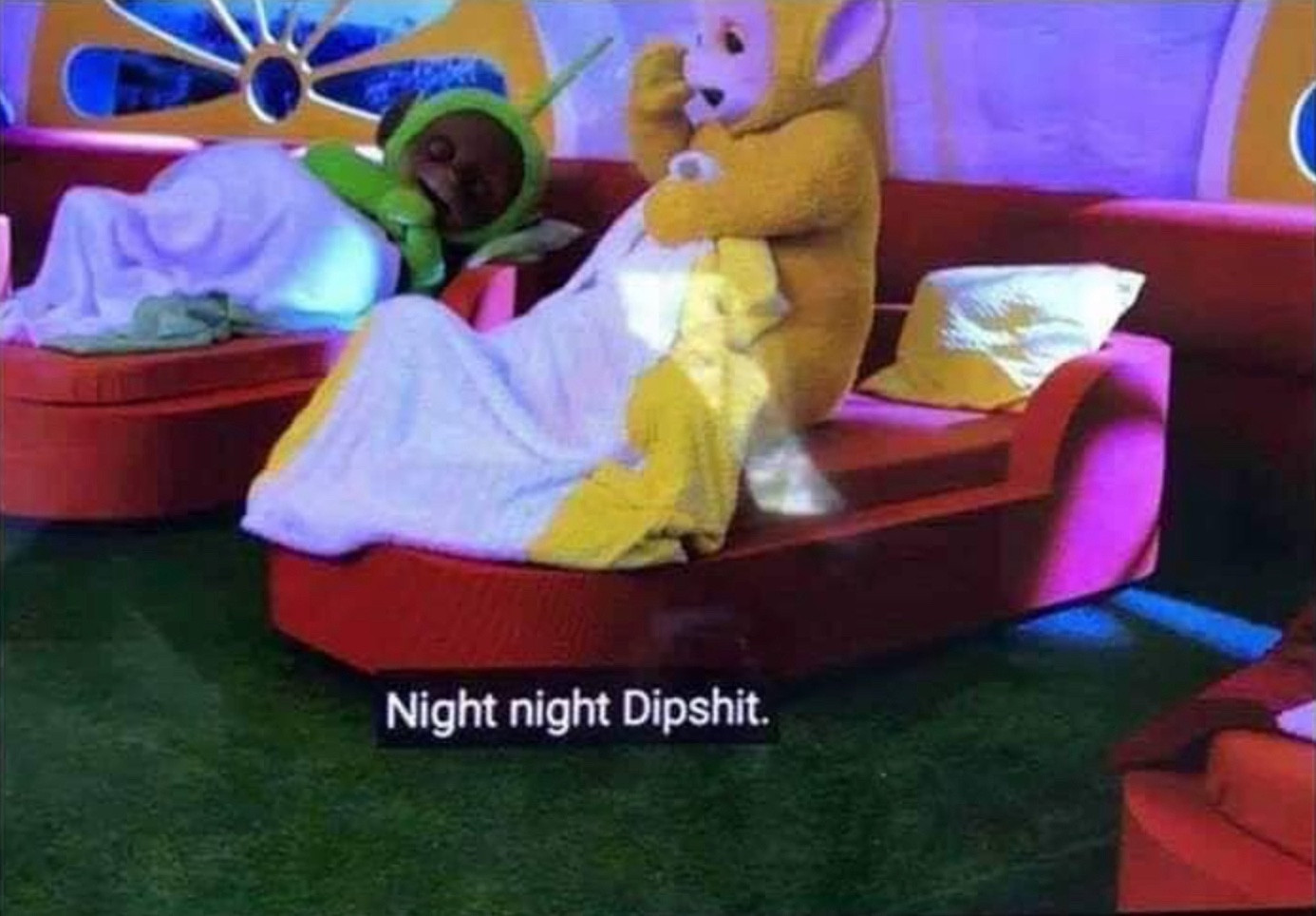 the yellow telletubby saying night night dipshit