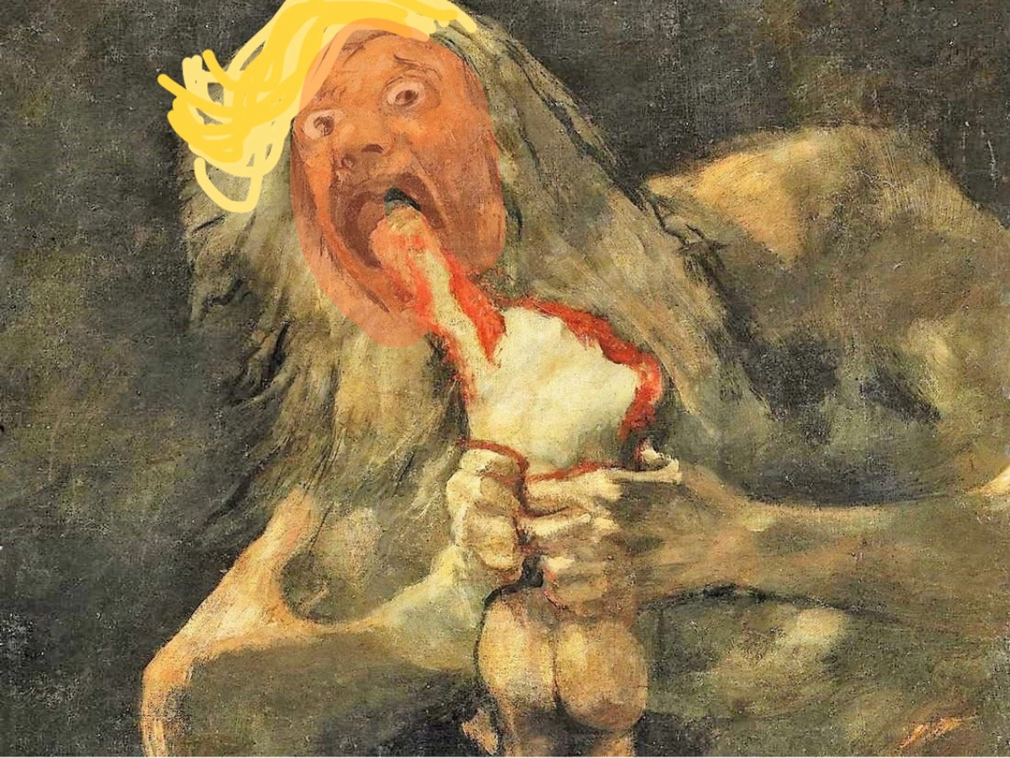 Saturn eating his son but he’s got yellow Trump hair and an orange Trump face