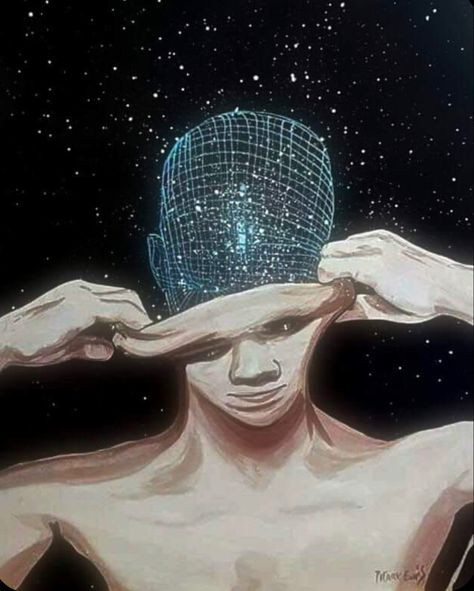 an illustration of a person removing their skin to reveal a universe like entity underneath