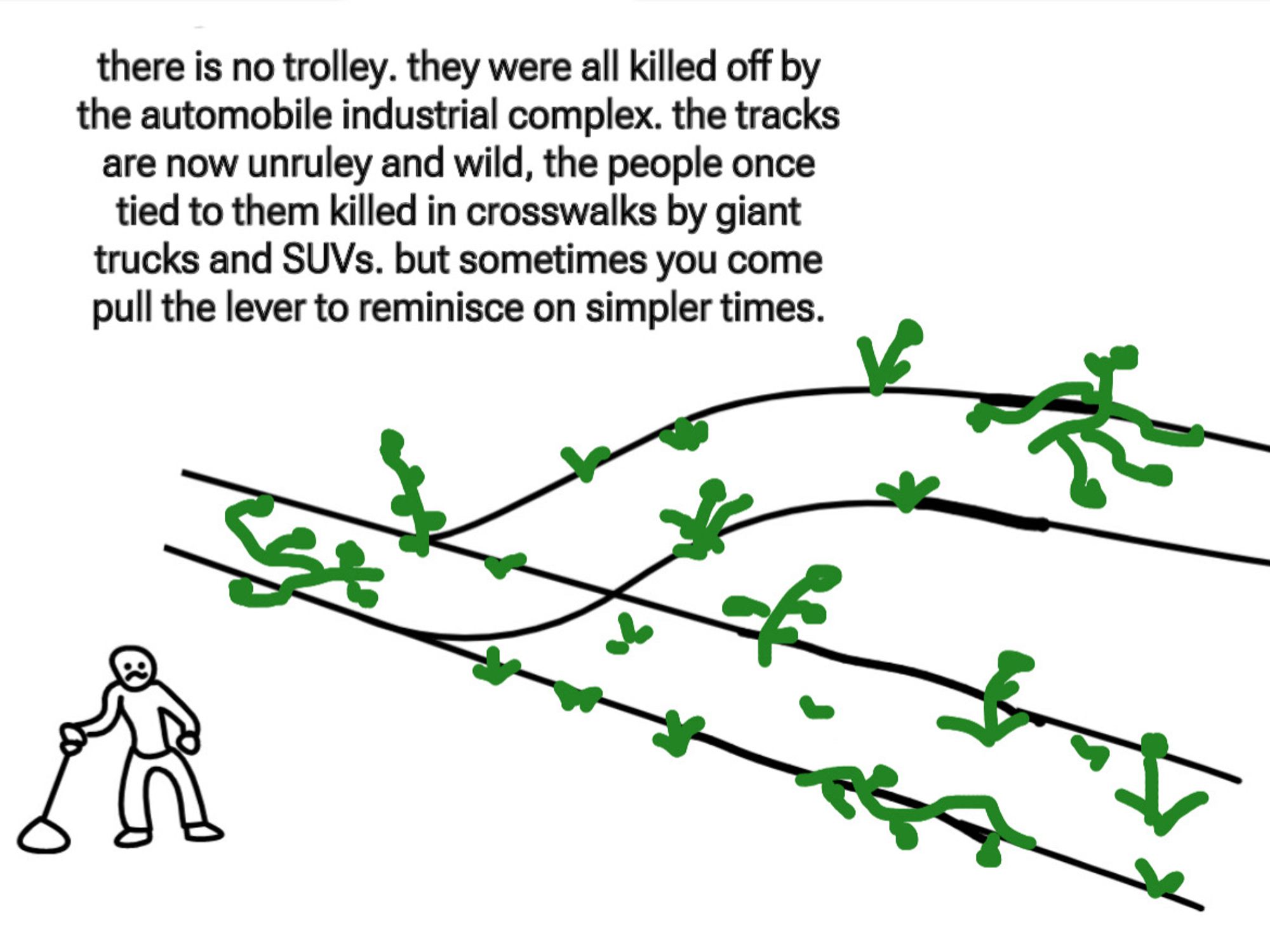 there is no trolley. they were all killed off by the automobile industrial complex. the tracks are now unruley and wild, the people once tied to them killed in crosswalks by giant trucks and SUVs. but sometimes you come pull the lever to reminisce on simpler times.
