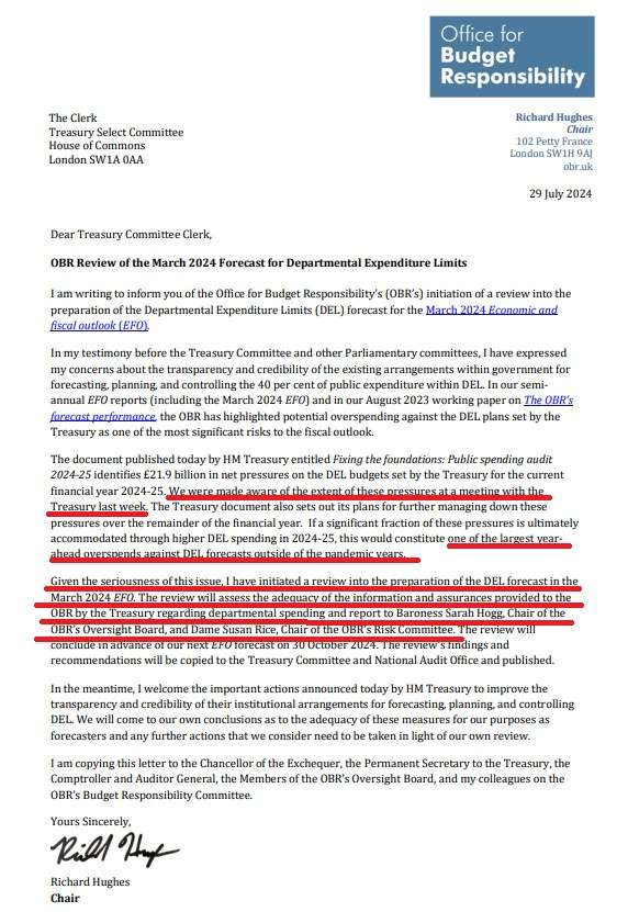 Letter from the chair of the Office for Budget Responsibility to the Treasury Select Committee, acknowledging that the OBR only became aware of the extent of these commitments after the election