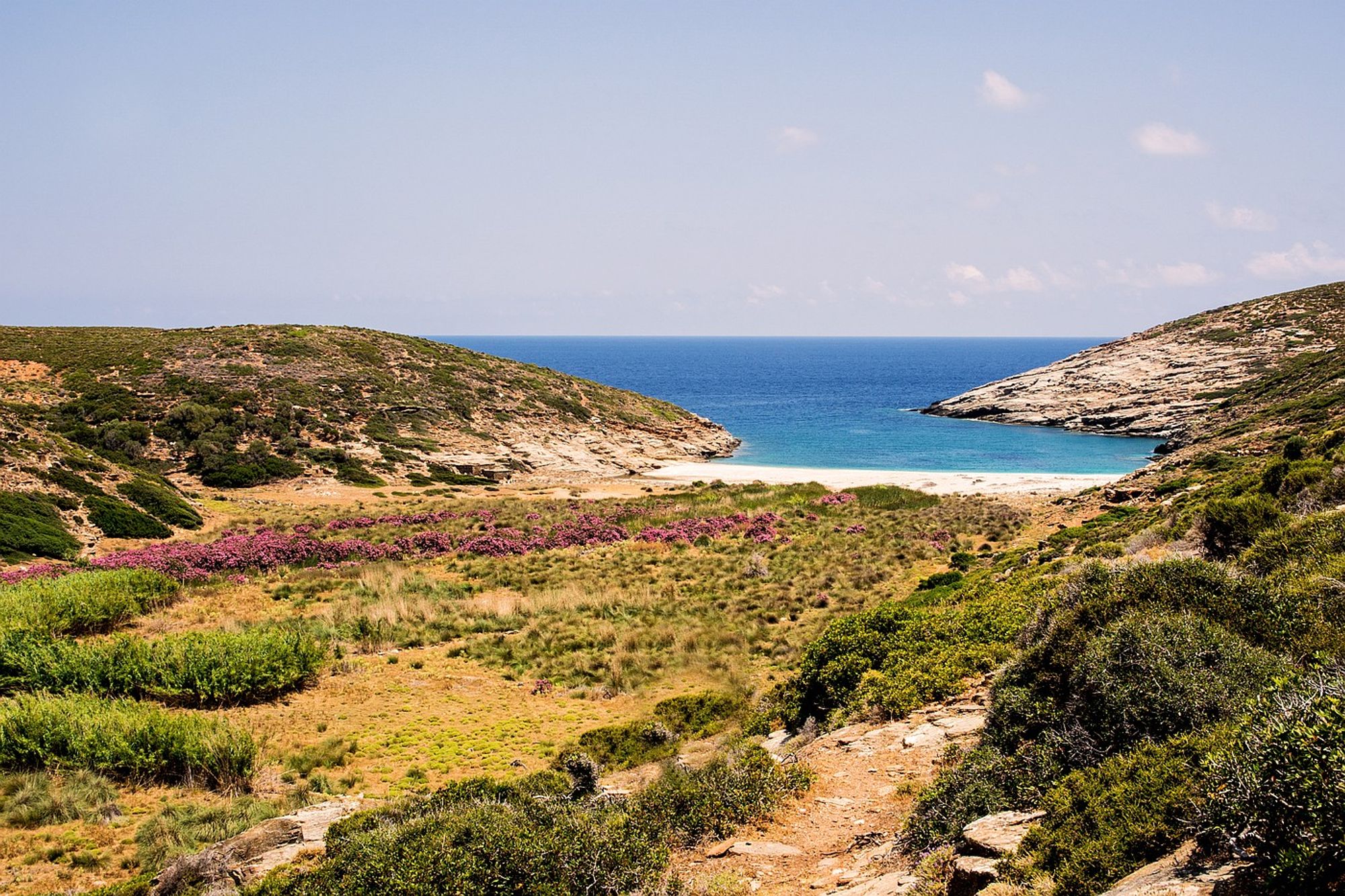 Ein flacher Taleinschnitt. Im Hintergrund eine Bucht mit kleinem Sandstrand und dem Meer. Im Tal blühender Oleander und niederes Gebüsch.