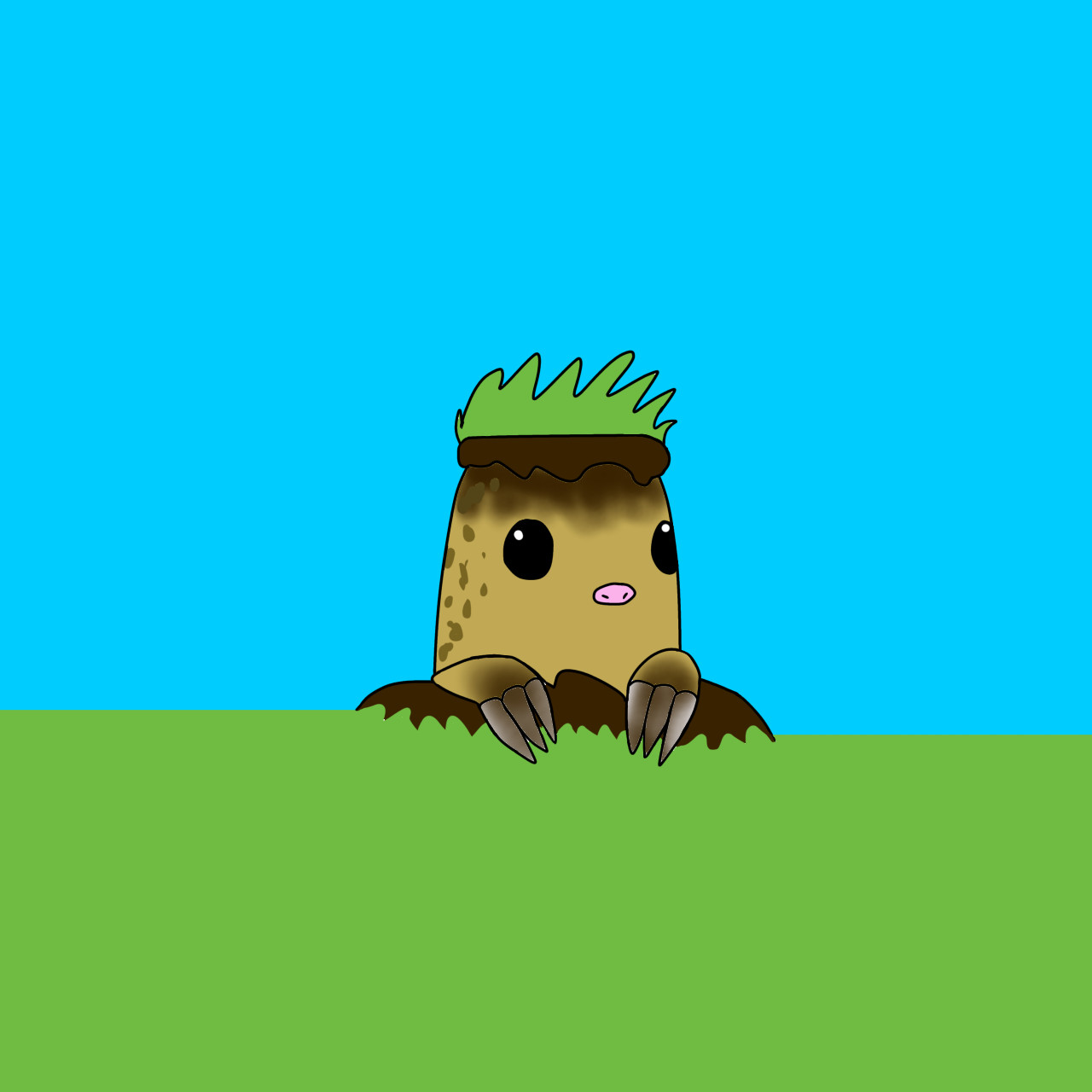 Dipster drawn as a mole poking its head out of its hole with grass on its head and covered in dirt