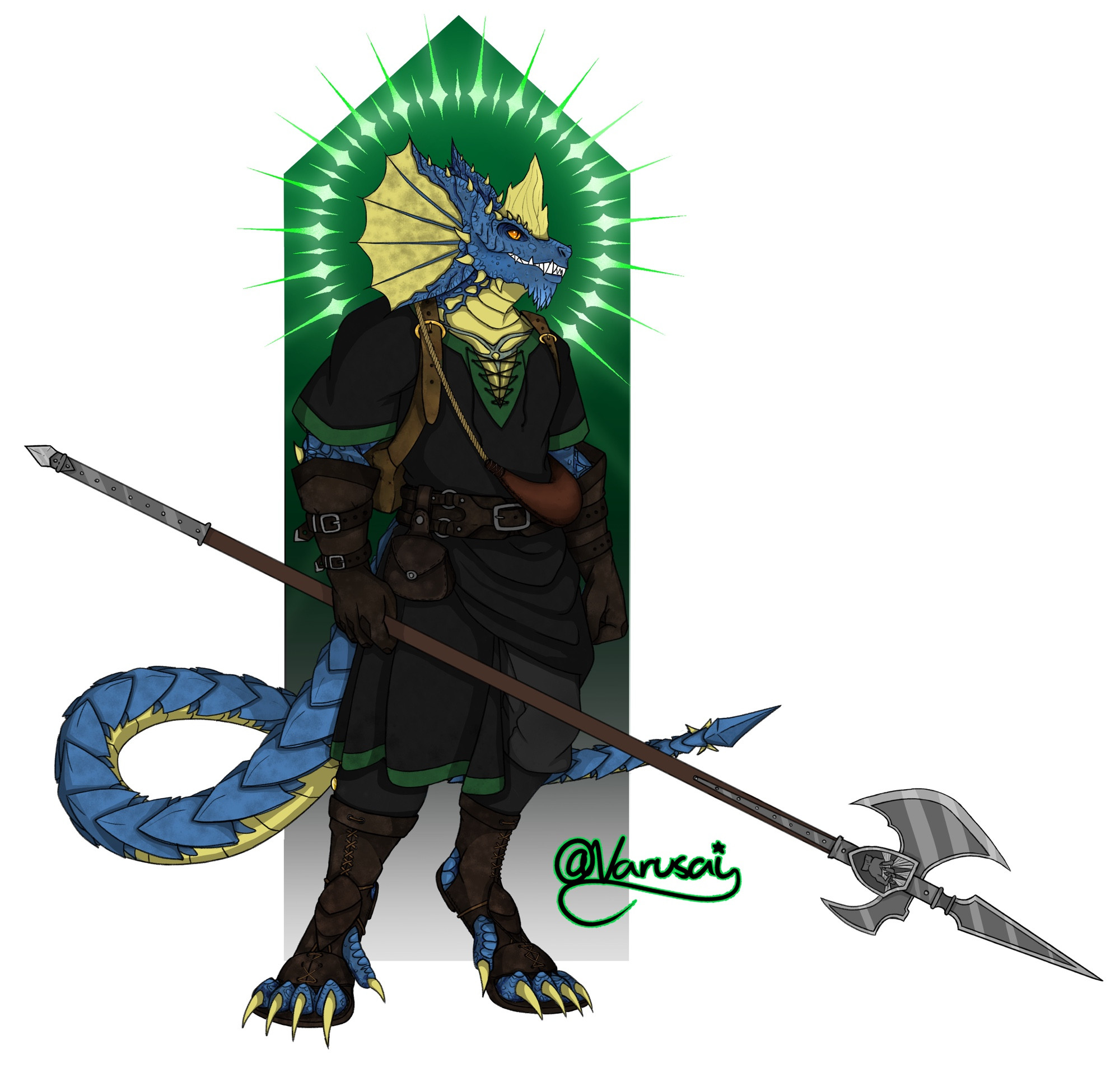 the same large blue dragonborn stands against the same green and black background. he has the same expression and halberd but his outfit is now a black tunic with green trim thats loosely laced at the top, leather gloves and sandal like shoes for digigrade clawed feet, and adventuring gear (a belt, a pouch, a waterskin, and a backpack style bag of holding. 