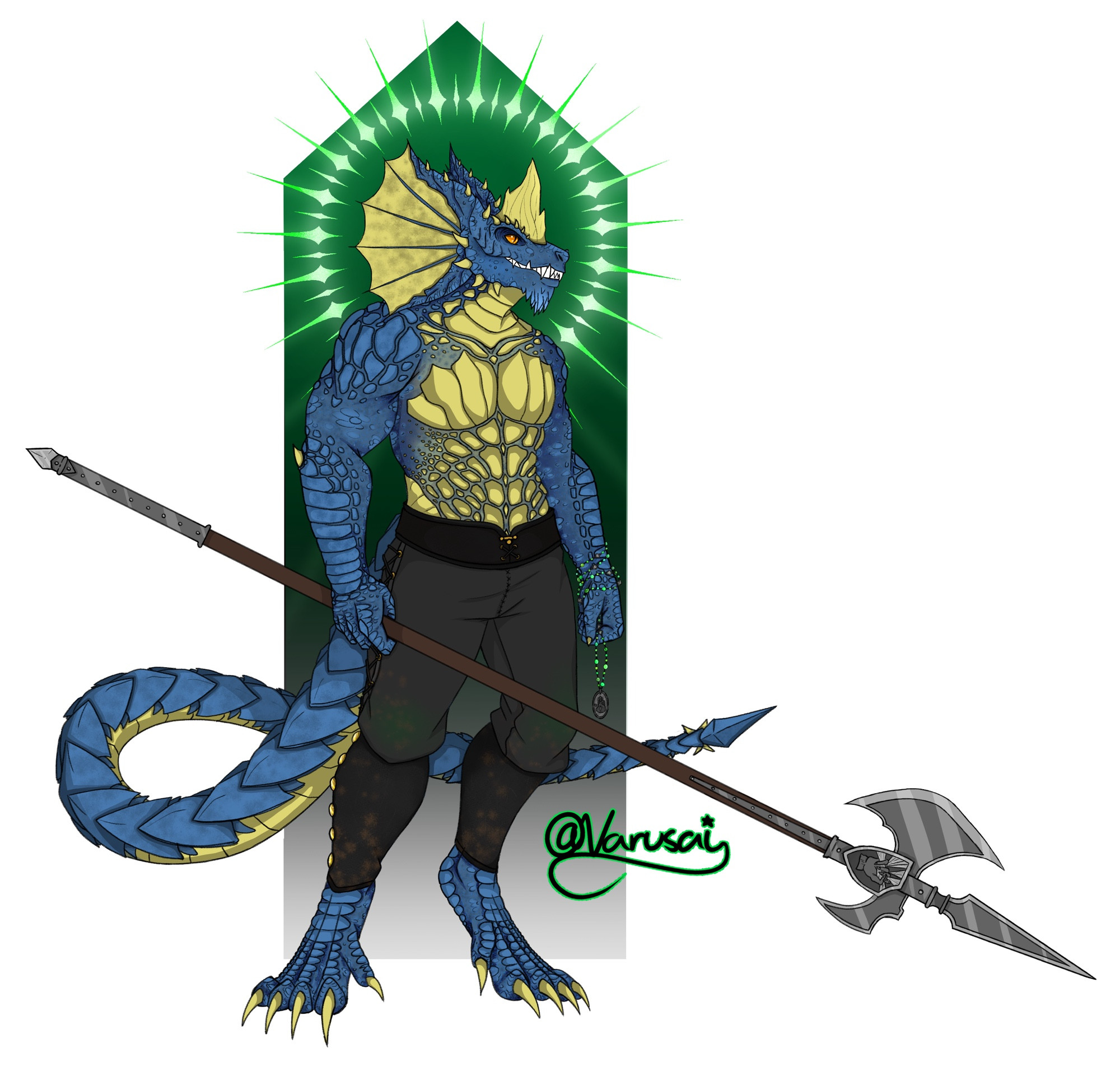 a large blue dragonborn stands against a green and black background. around his head is a halo of glowing green spikes. he is grinning and looking off to the side at some unseen challenge. he is topless and wearing only black pants and carrying a halberd. 