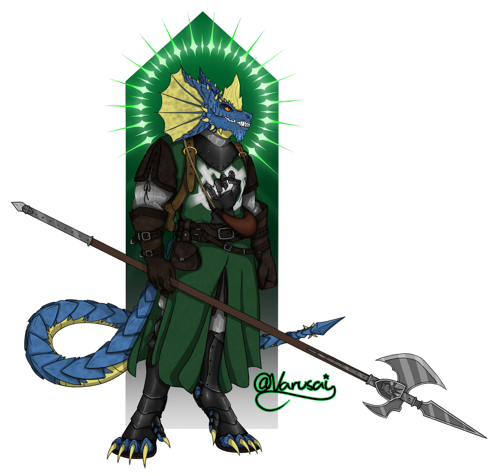 the same large blue dragonborn stands against the same green and black background with the same expression and halberd and adventuring gear. his outfit is now in heavy armor, chainmail, a leather padding under-layer, dark plate armor on his feet, and a green tabard with the closed fist holy symbol of bane on the front. the fist is black and emitting a glowing white light from between the fingers. it is haloed with white light. 