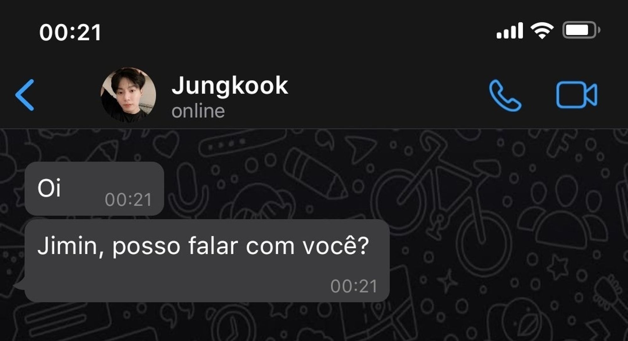 Mensagem do whatsapp

Contato: Jungkook

Mensagem: Oi
Jimin, posso falar com você?