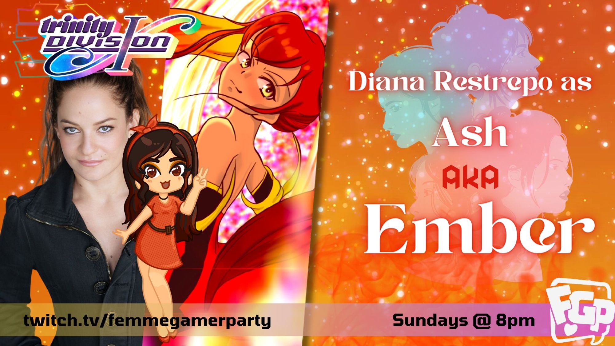 Image shows DianaRes' character art - a magical girl with fiery ombre hair, clad in shades of red. "Diana Restrepo as Ash AKA Ember, twitch.tv/femmegamerparty Sundays at 8pm EST"