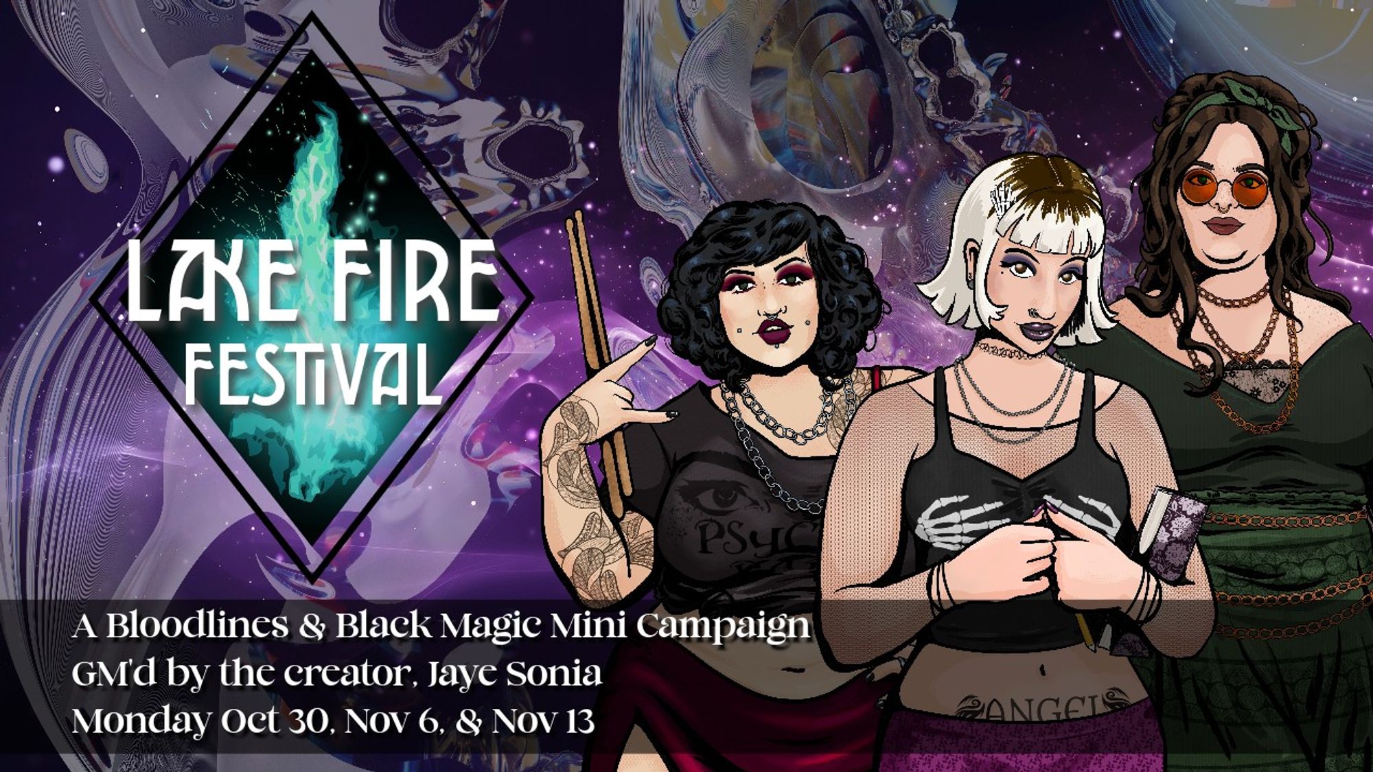 the showcard for the lake fire festival show, featuring art of the 3 main characters.