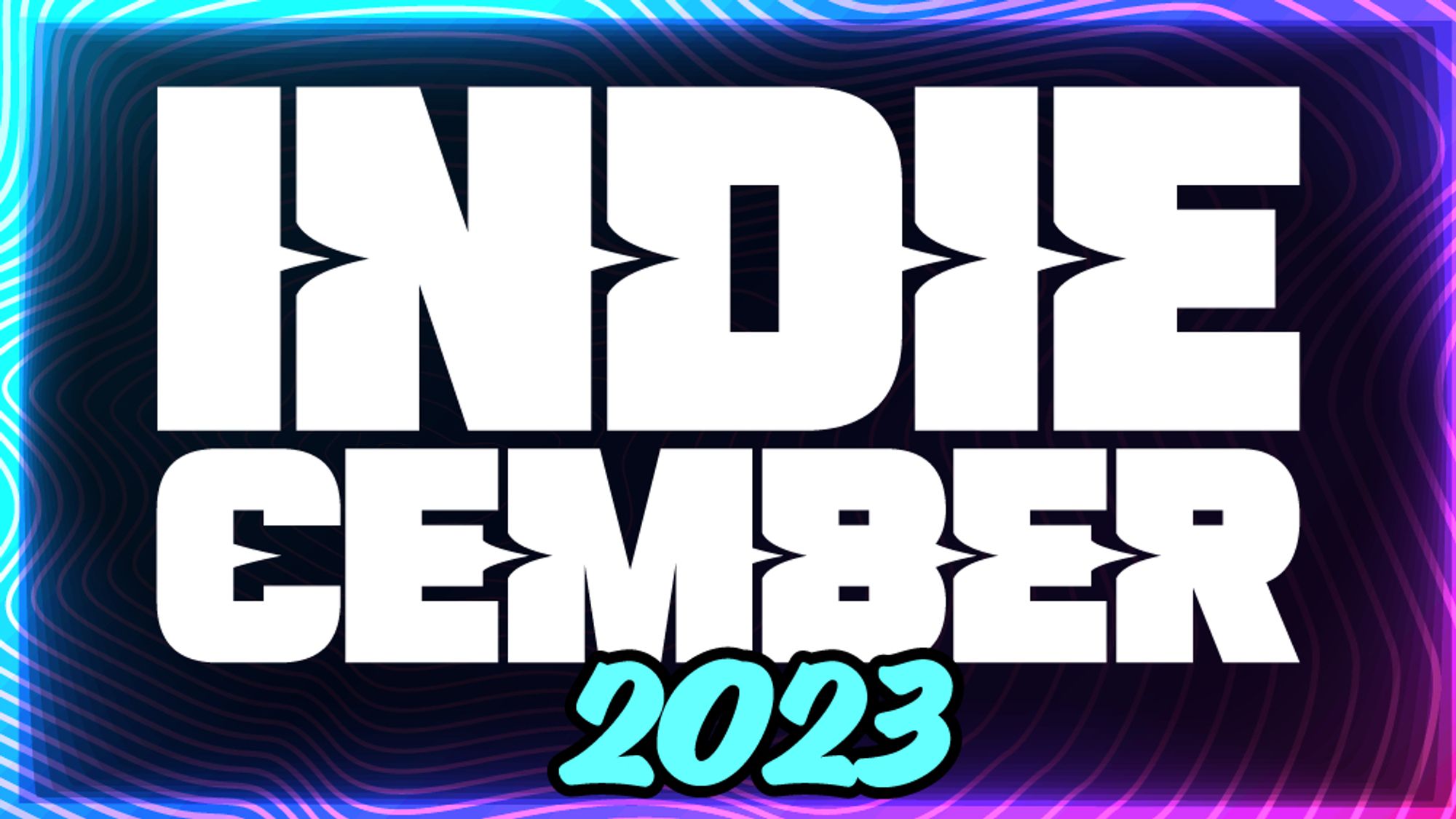 the INDIEcember logo over a vaporwave pink and blue background. it just says "indiecember 2023"