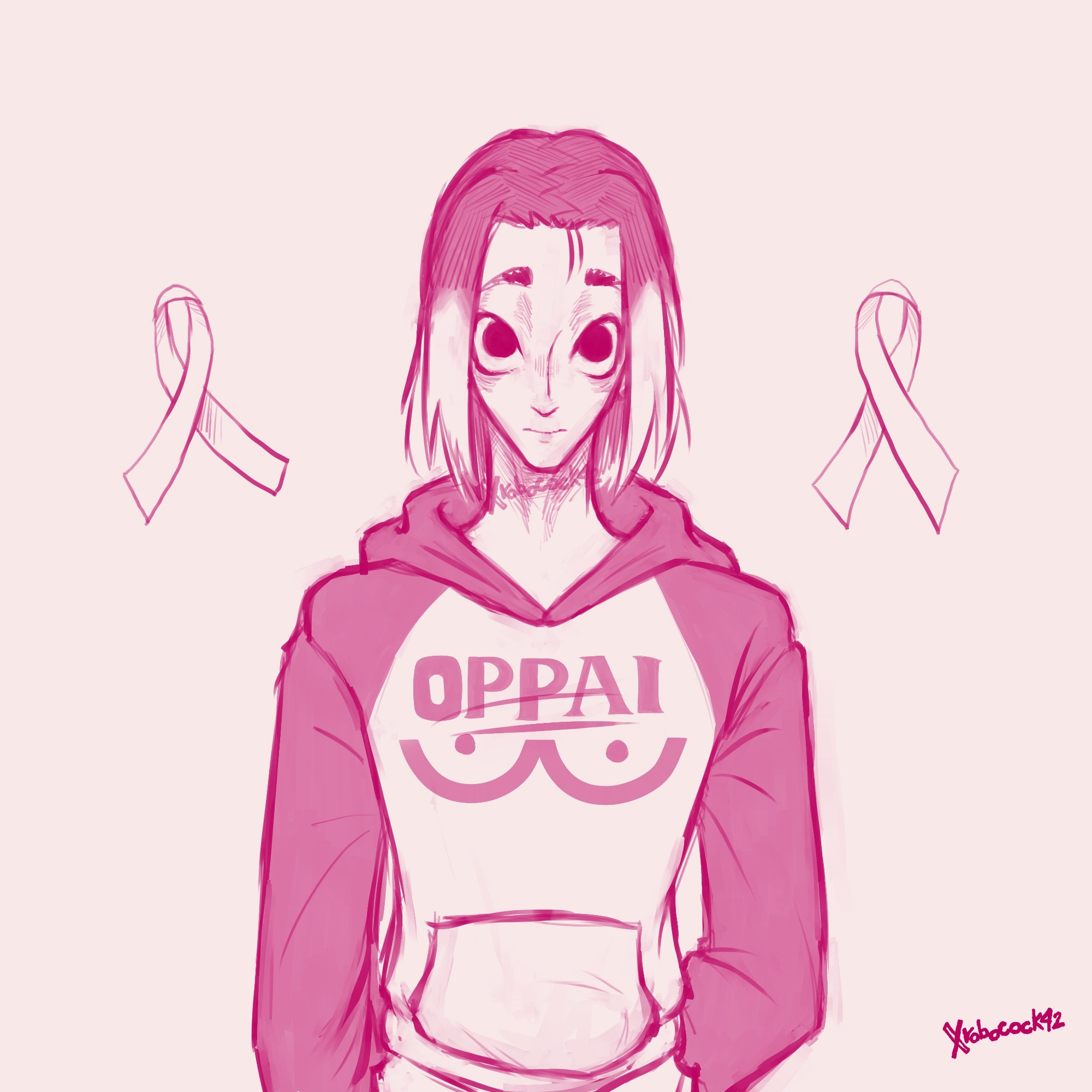   Very pink fanart of Gagamaru Gin wearing a hoodie related to the character Saitama from One Punch Man. The hoodie has the word "OPPAI" on it, along with very simplified "boobs" underneath that sort of look like a colon and number three on top of each other.
  There are reminder ribbons on either side of Gagamaru, and the entire image is pink due to the current day being "Wear it Pink Day", a day for spreading awareness about breast cancer.
  Get yourself checked. 🎗️