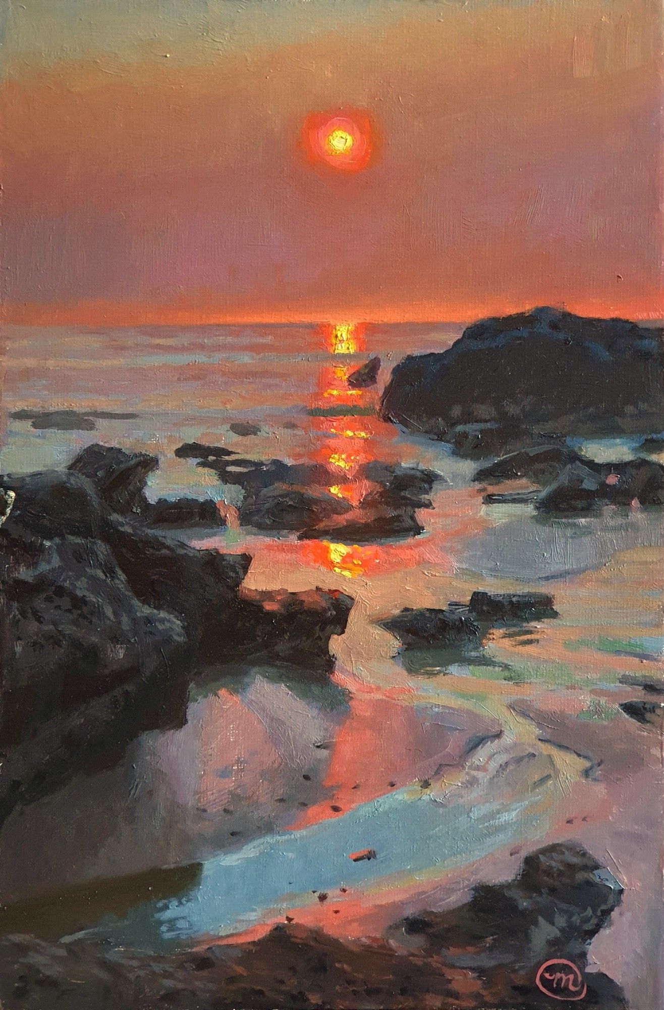 An oil painting consisting of a red sunset and a seascape with a long reflection and some dark rocks scattered around.