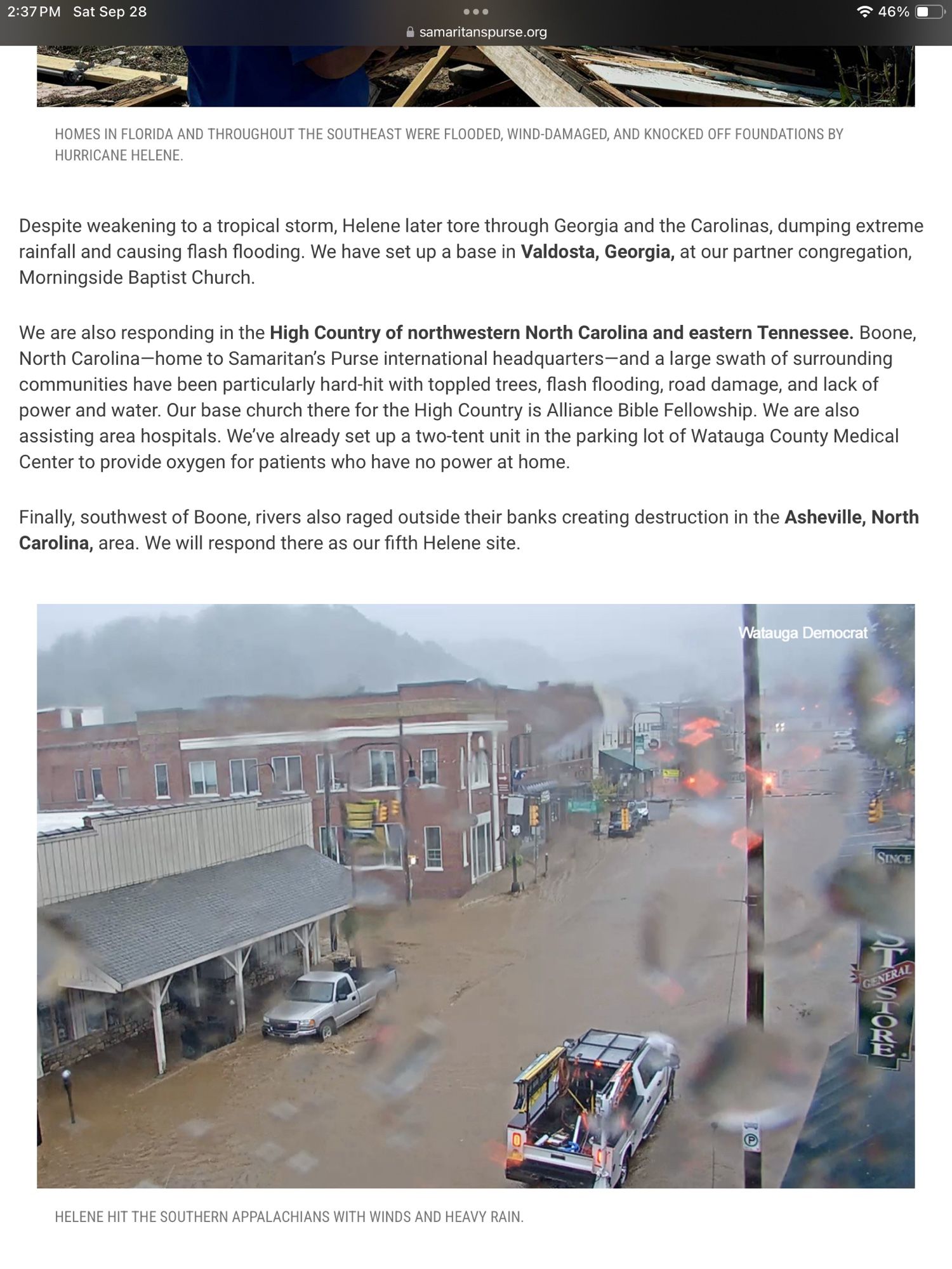 Snip from Samaritan’s Purse website with information on Western North Carolina services after Hurricane Helene.