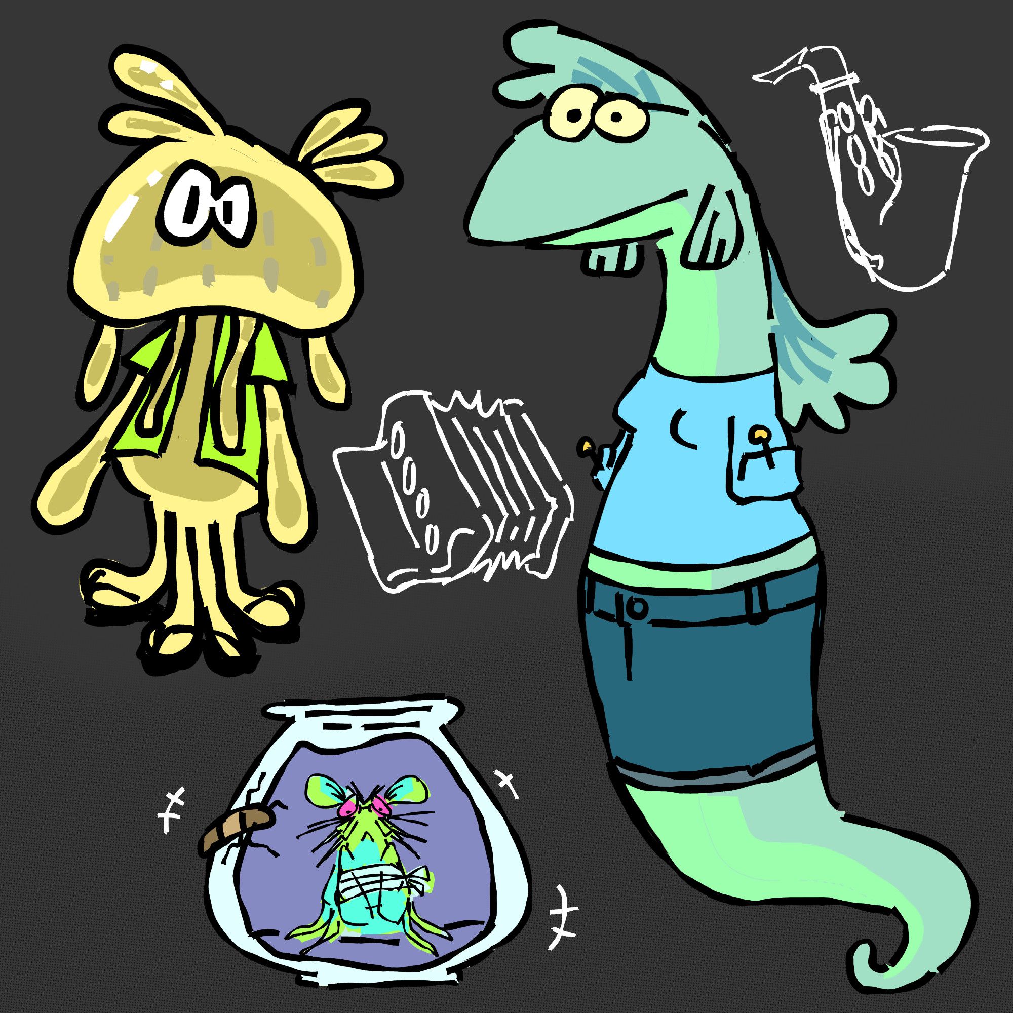 Top left is a jellyfish wearing sandals and a green shirt. On the bottom a Prime Shrimp in a cracked glass, and the right an eel wearing a shirt with the sleeves pinned and jean skirt. Alongside them are the instruments accordion and the Sax