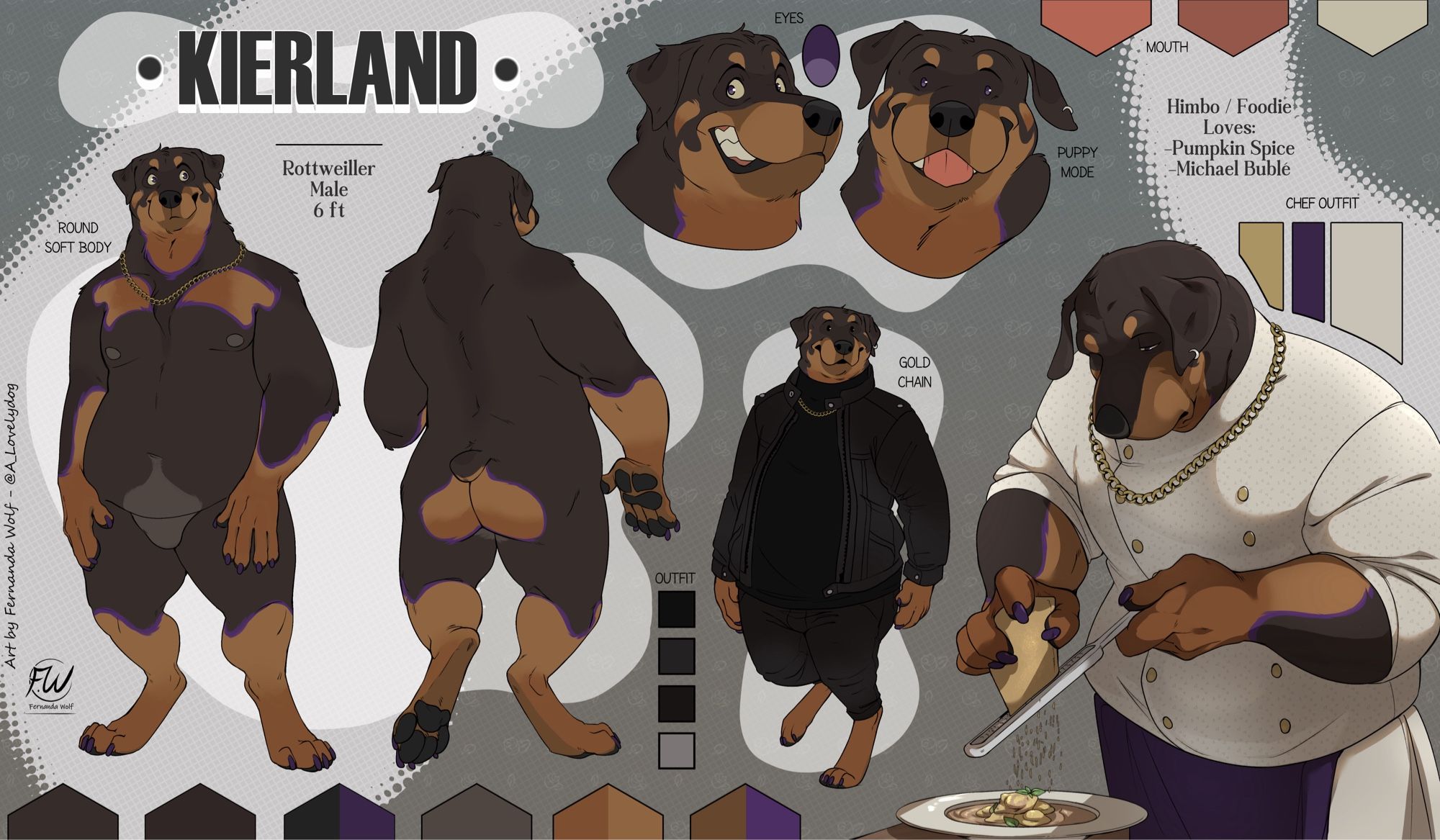 Reference sheet of a male Rottweiler anthro 6ft tall, dad bod, purple piping on his brown and black fur, puppy mode, himbo and foodie, likes pumpkin spice and Michael Bublè