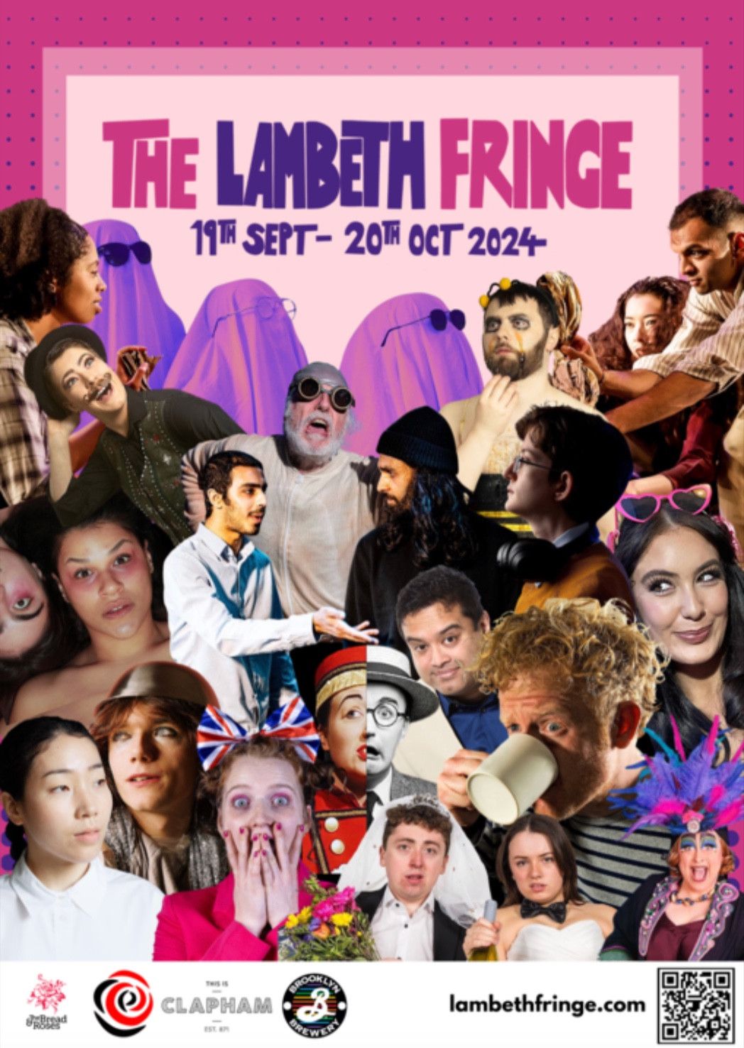 a pink and purple poster with the text "lambeth fringe 19th sept - 20th oct 2024" that has multiple cutout images of performers.