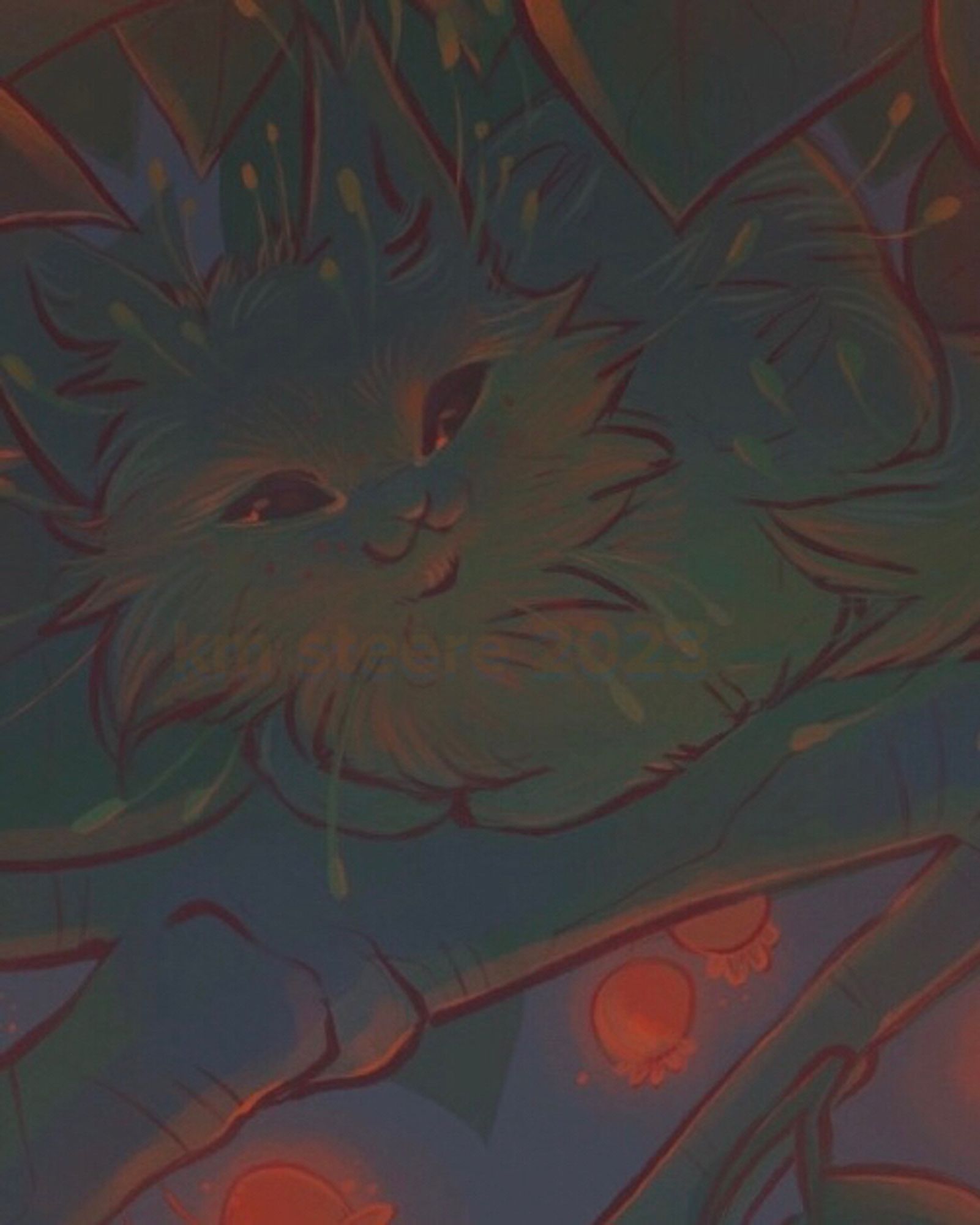 A crop of a digital illustration of a tiny mossy kitten tucked up under the leaves of a plant. It is surrounded by glowing red berries. The lighting is very dim.