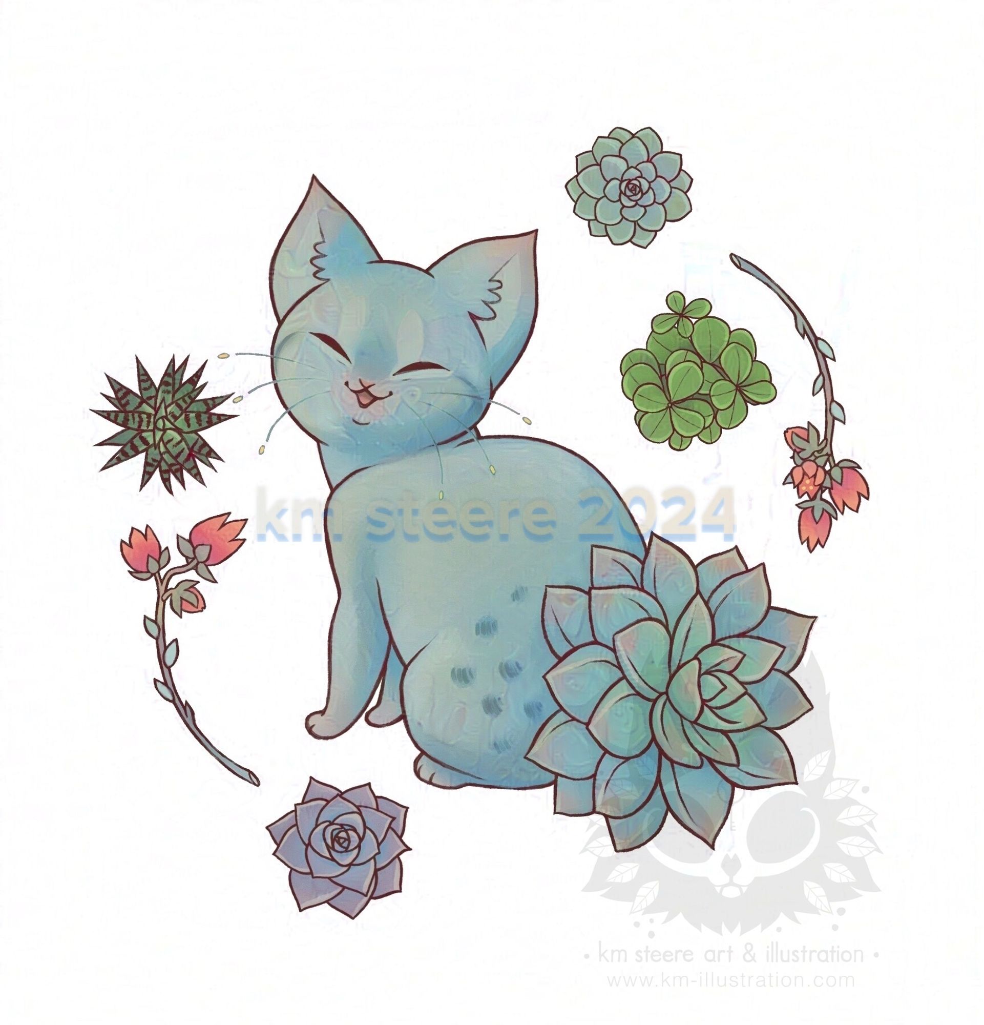 A digital illustration of a small, blue kitten with a succulent plant for its tail. The cat is sitting down and looking over its shoulder with its eyes squinted and mouth open in a smile. It is surrounded by various floating succulent plants.