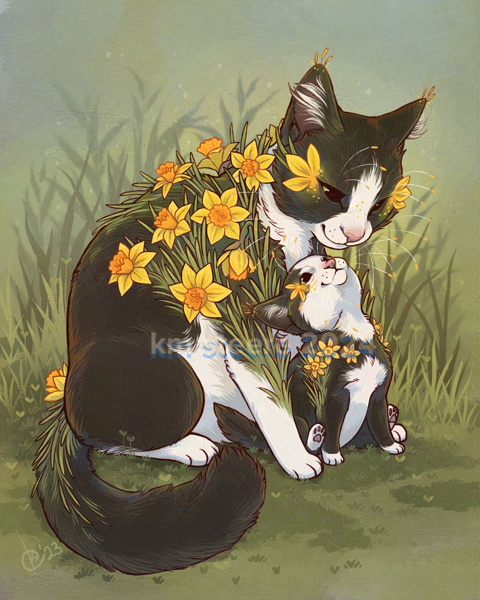 A digital illustration of a two very cute black and white kitties, one grown and the other a baby. They are covered in beautiful yellow daffodil flowers.