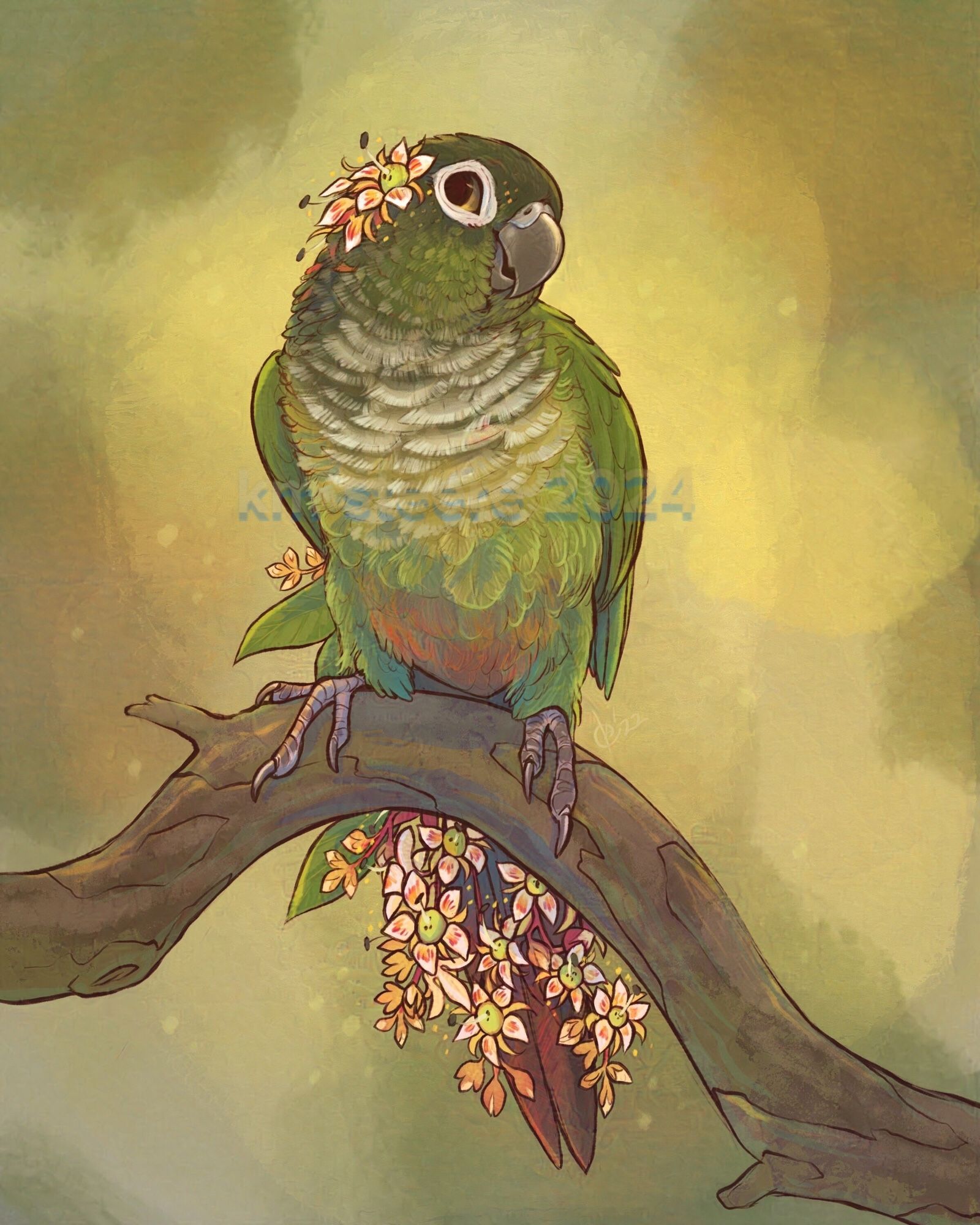 A digital illustration of a green parrot mixed with funky mango flowers. The bird is perched on a branch and looking sassy.