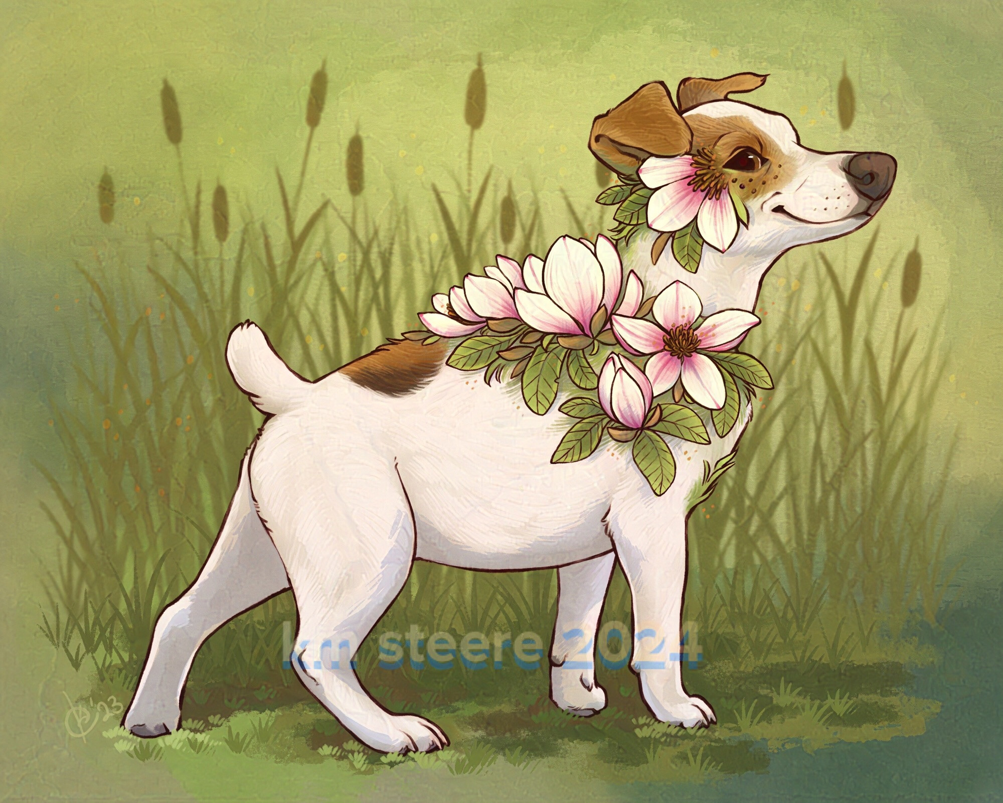 A digital illustration of a small white dog with brown spots standing in a green space. The dog is in profile and is calmly looking back at the viewer.