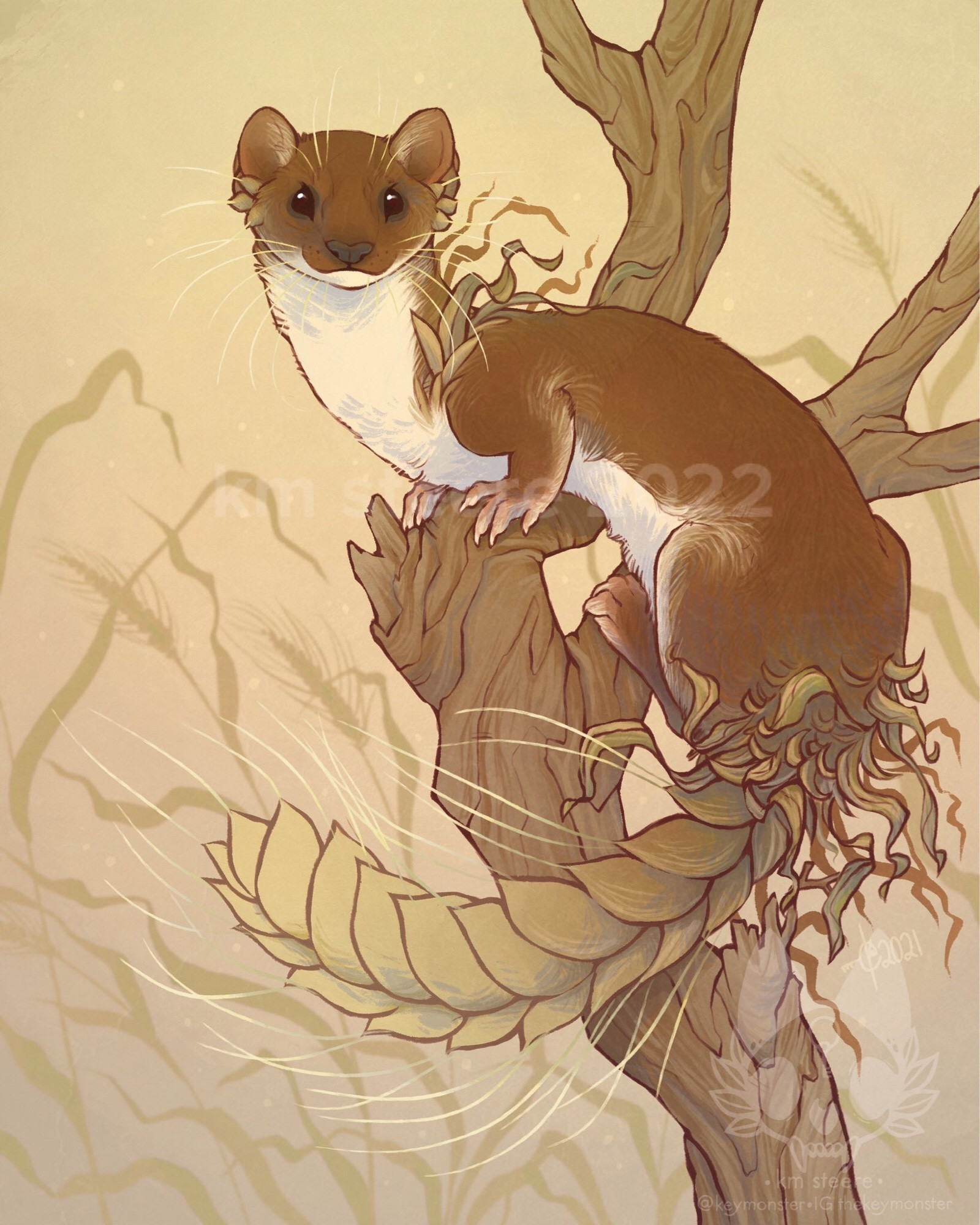 A weasel mixed with barley seedheads and leaves.