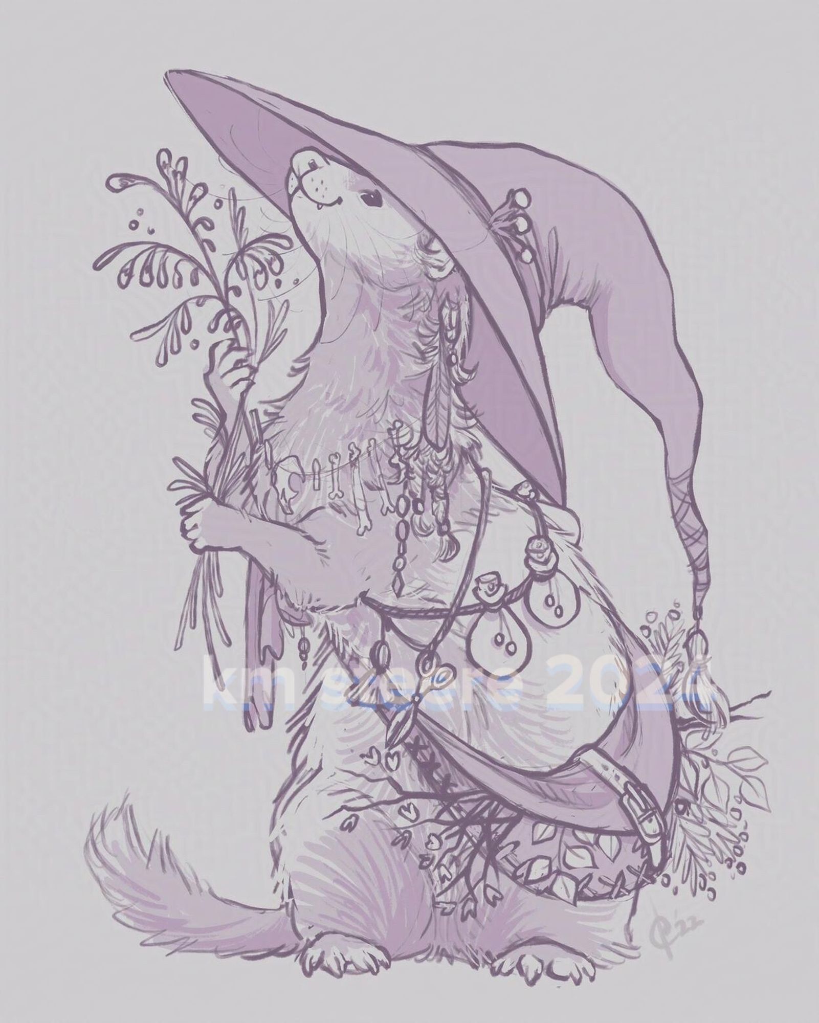 A digital illustration of a purple sketchy witch ferret. It has a big hat on and has a side bag full of spell components.